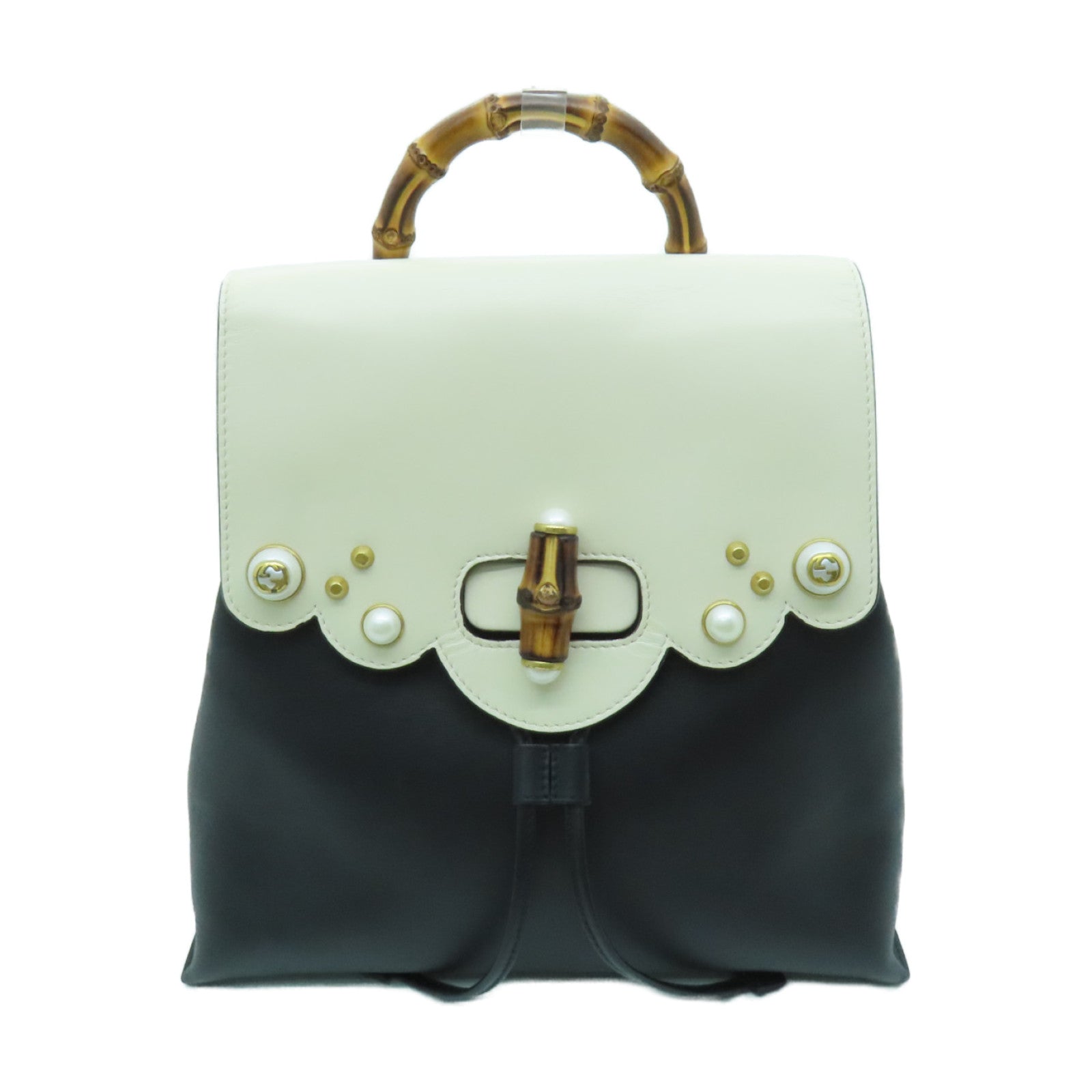 GUCCI 【激減優惠】牛皮皮革Nimfair Bamboo Backpack金扣背包黑色/白色