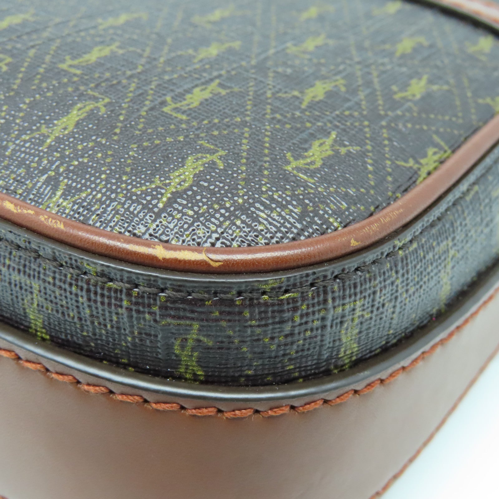 YVES SAINT LAURENT Coated Canvas Camera Bag Gold Button Shoulder Bag Brown