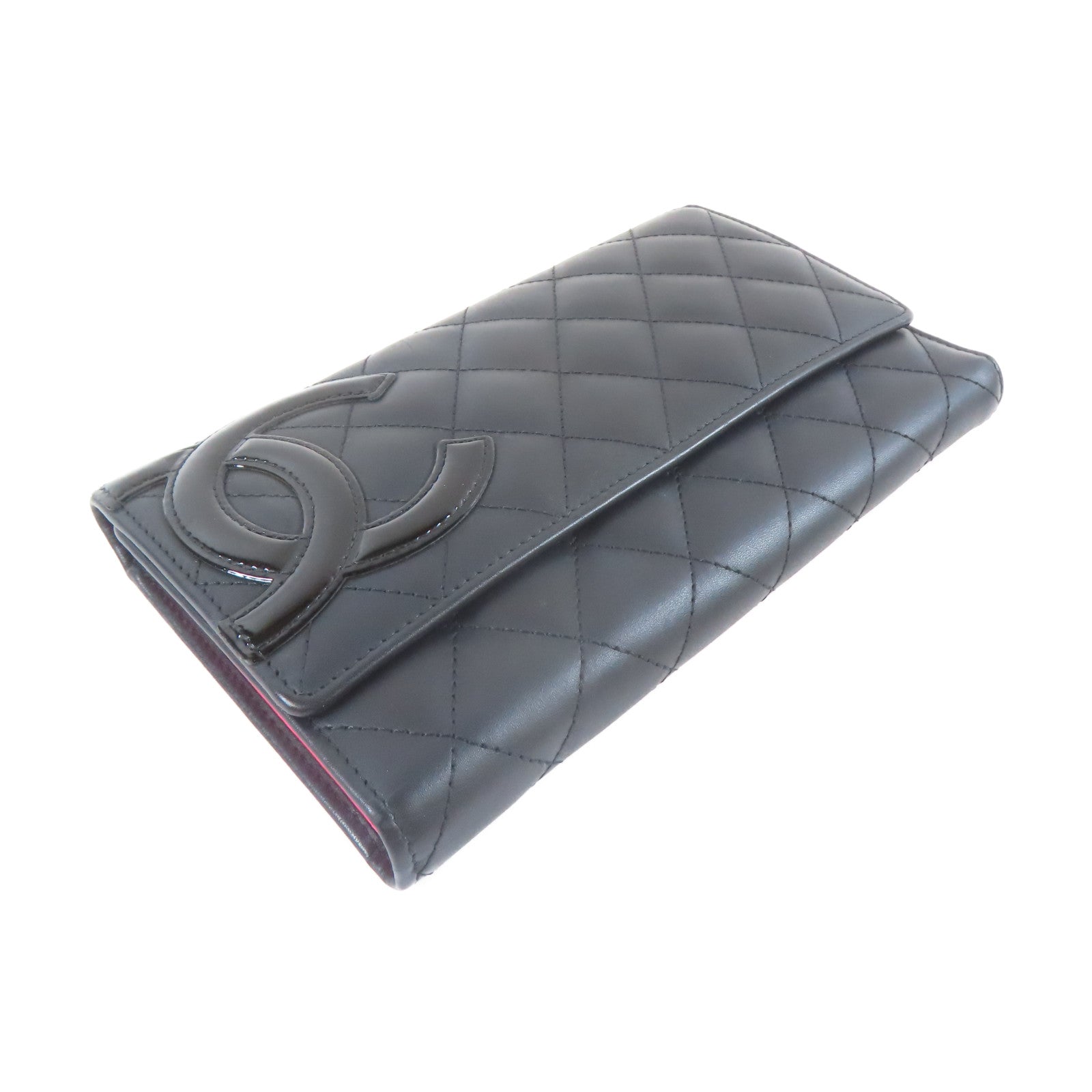 CHANEL 菱格羊皮皮革Cambon Long Wallet銀扣長錢包黑色
