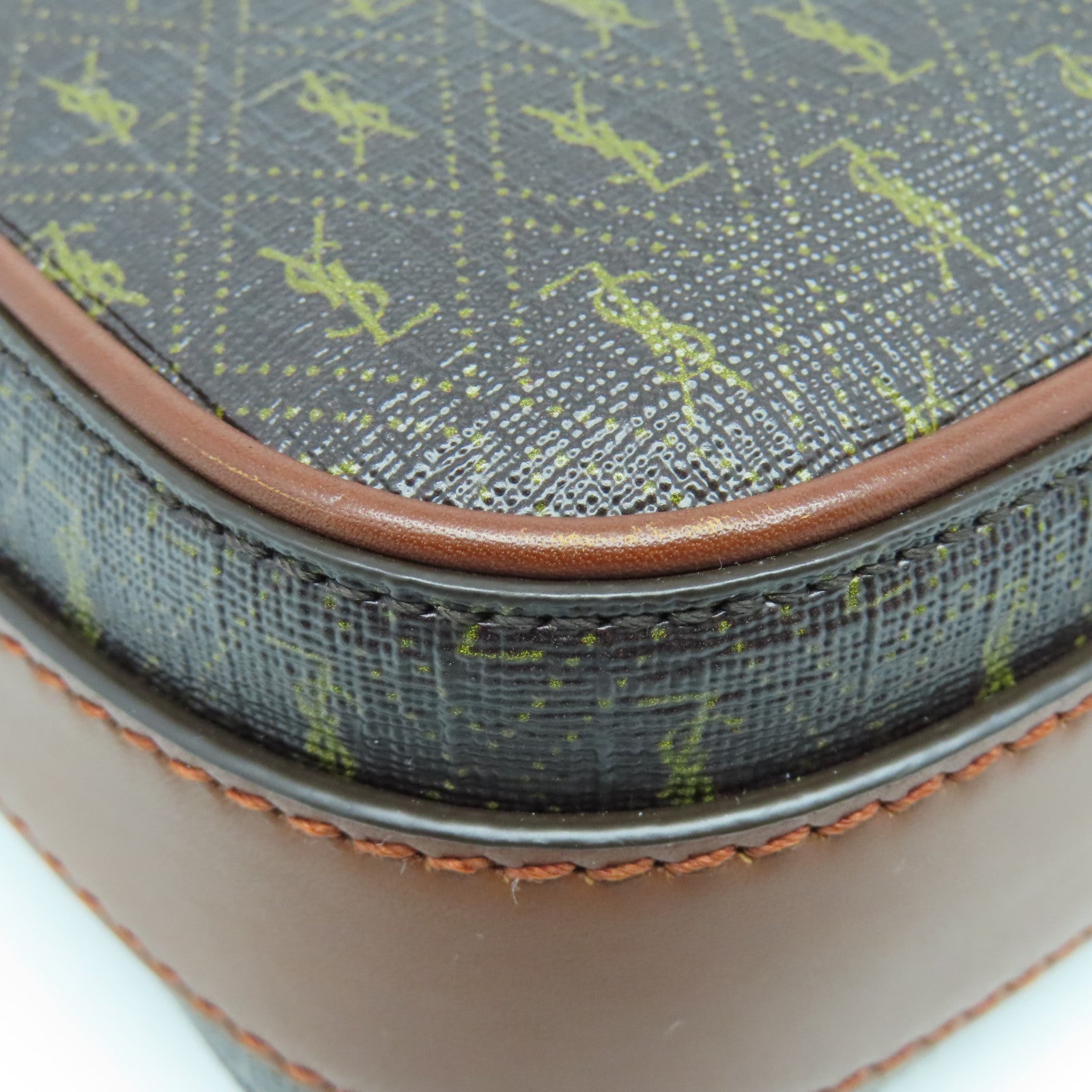 YVES SAINT LAURENT Coated Canvas Camera Bag Gold Button Shoulder Bag Brown
