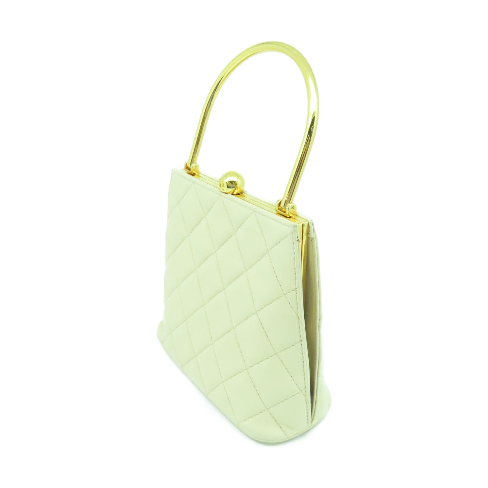 CHANEL 菱格牛皮皮革Handbag金扣手挽袋米色