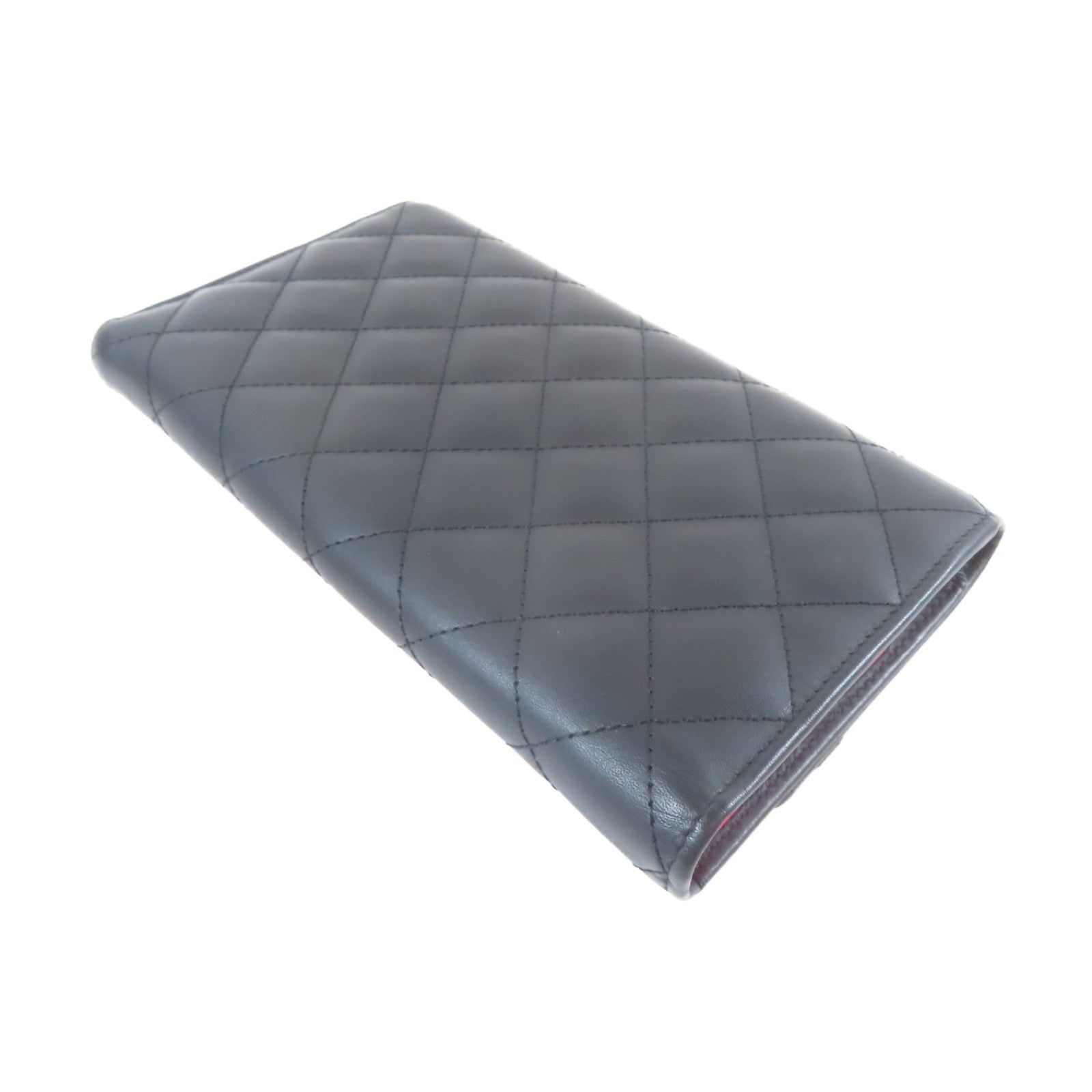 CHANEL 菱格羊皮皮革Cambon Long Wallet銀扣長錢包黑色