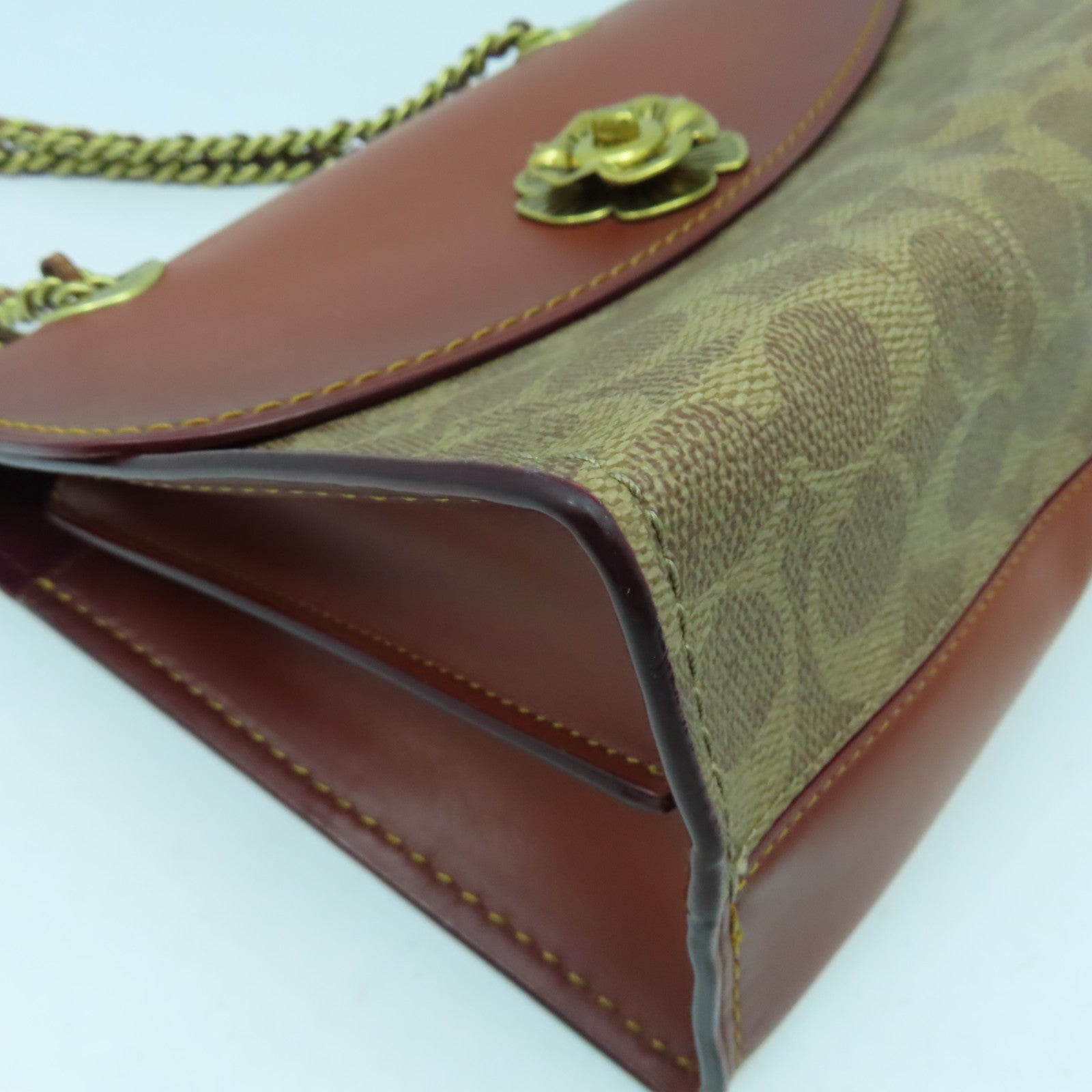 COACH 牛皮皮革/塗層帆布Chain Shoulder金扣鏈帶肩背袋啡色