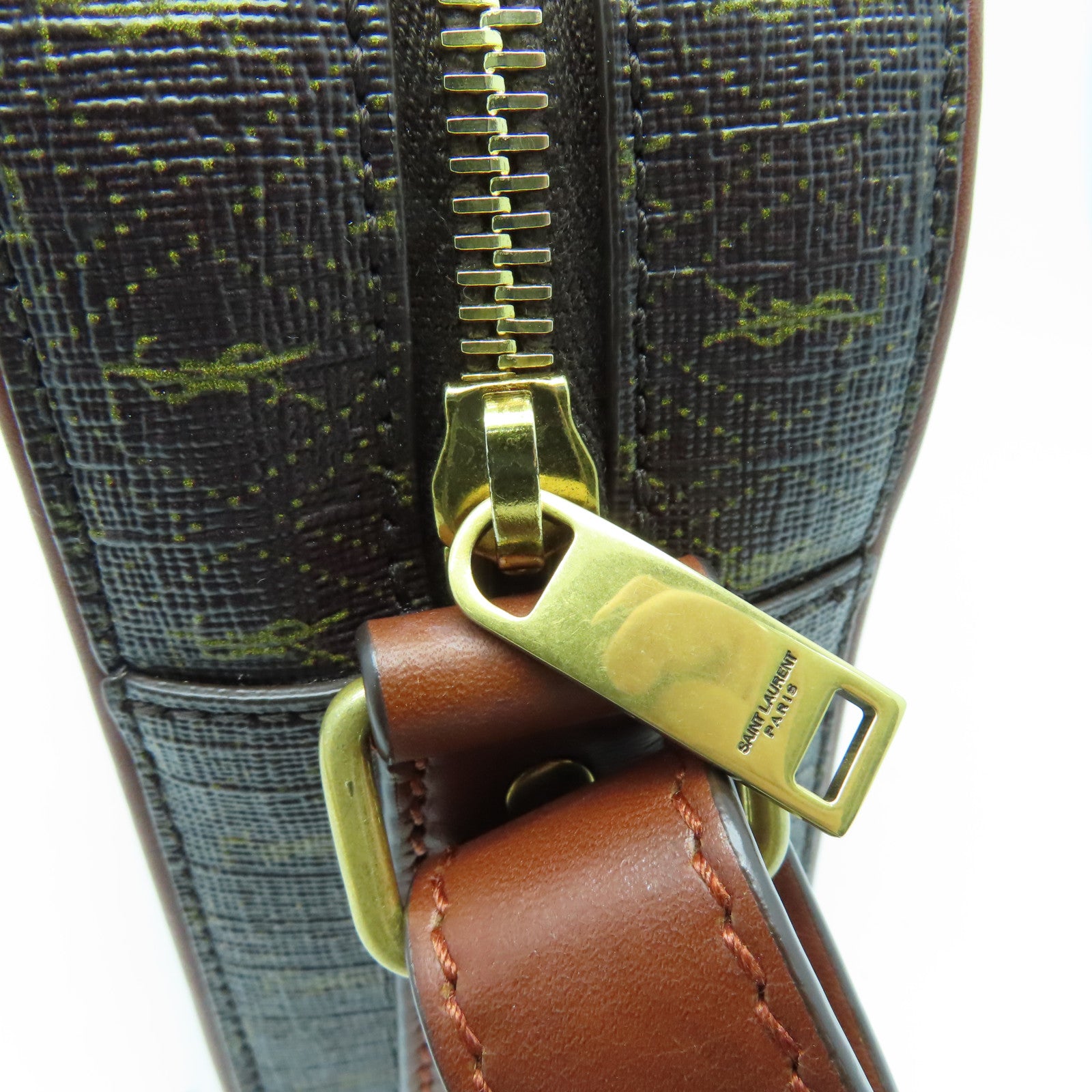 YVES SAINT LAURENT Coated Canvas Camera Bag Gold Button Shoulder Bag Brown