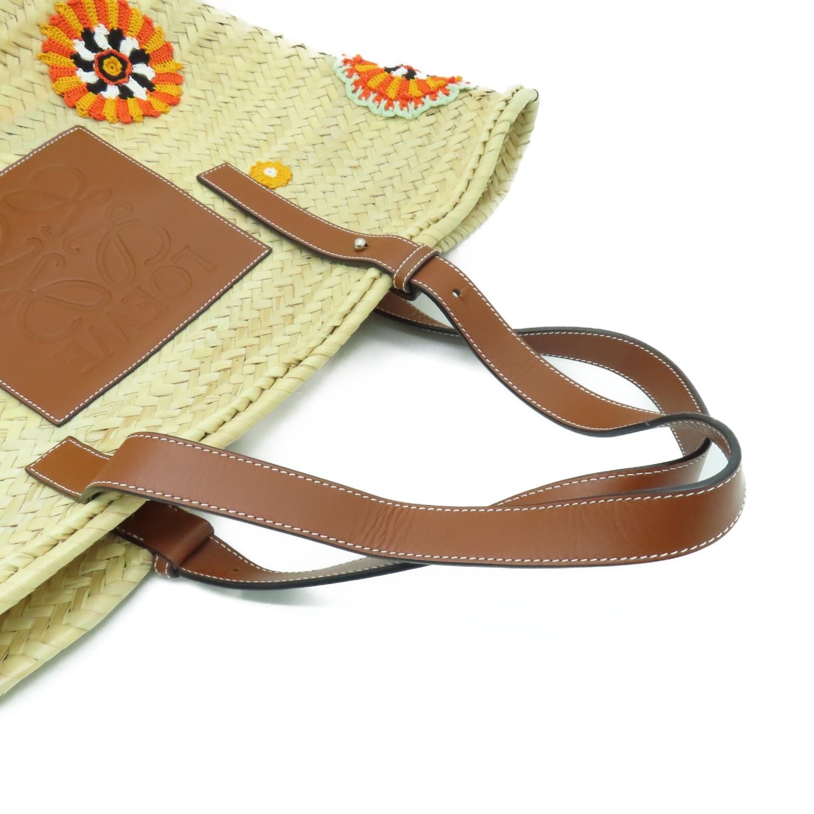 LOEWE Raffia Shoulder Bag銀扣肩背袋米色/橙色