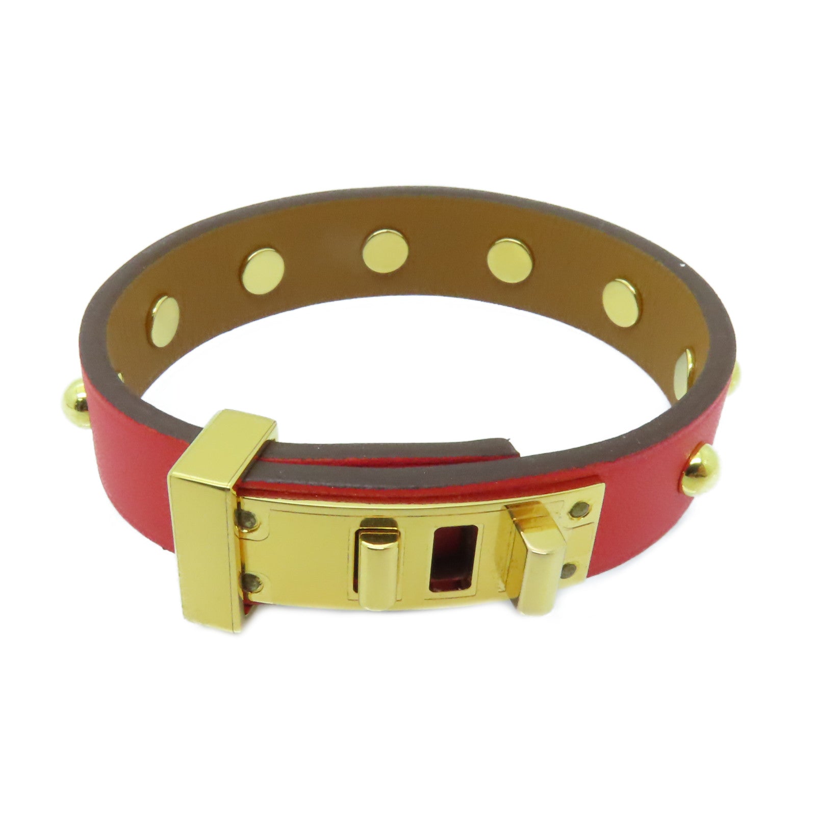 HERMES Swift皮革Mini Dog Clous Ronds金扣手鐲紅色