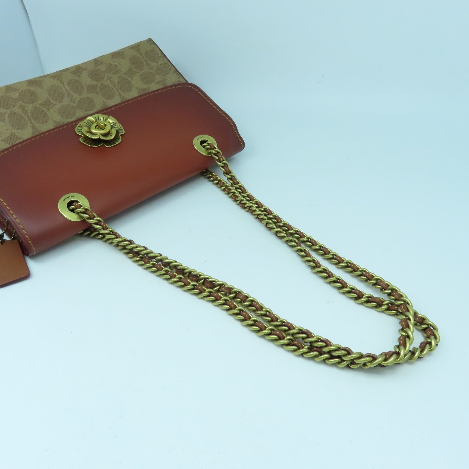COACH 牛皮皮革/塗層帆布Chain Shoulder金扣鏈帶肩背袋啡色