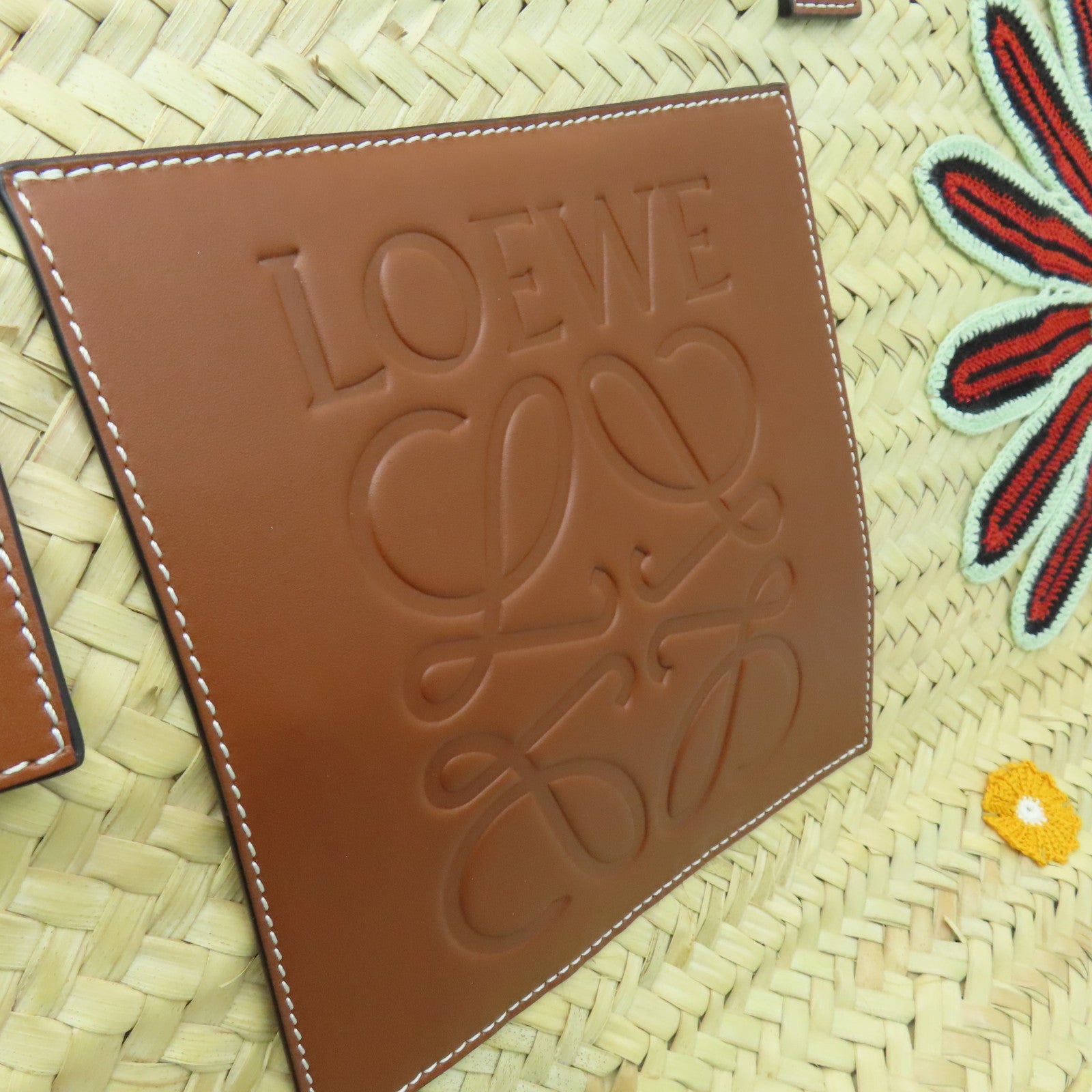 LOEWE Raffia Shoulder Bag銀扣肩背袋米色/橙色