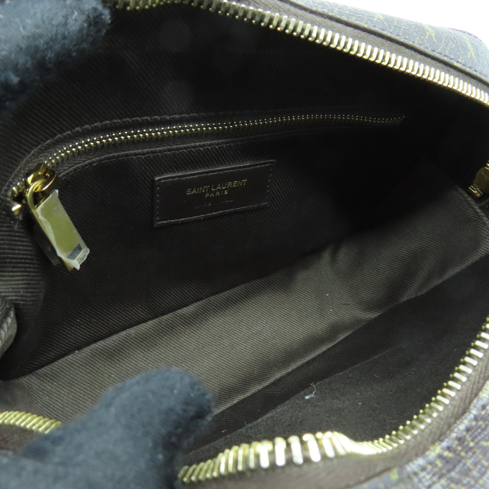 YVES SAINT LAURENT Coated Canvas Camera Bag Gold Button Shoulder Bag Brown