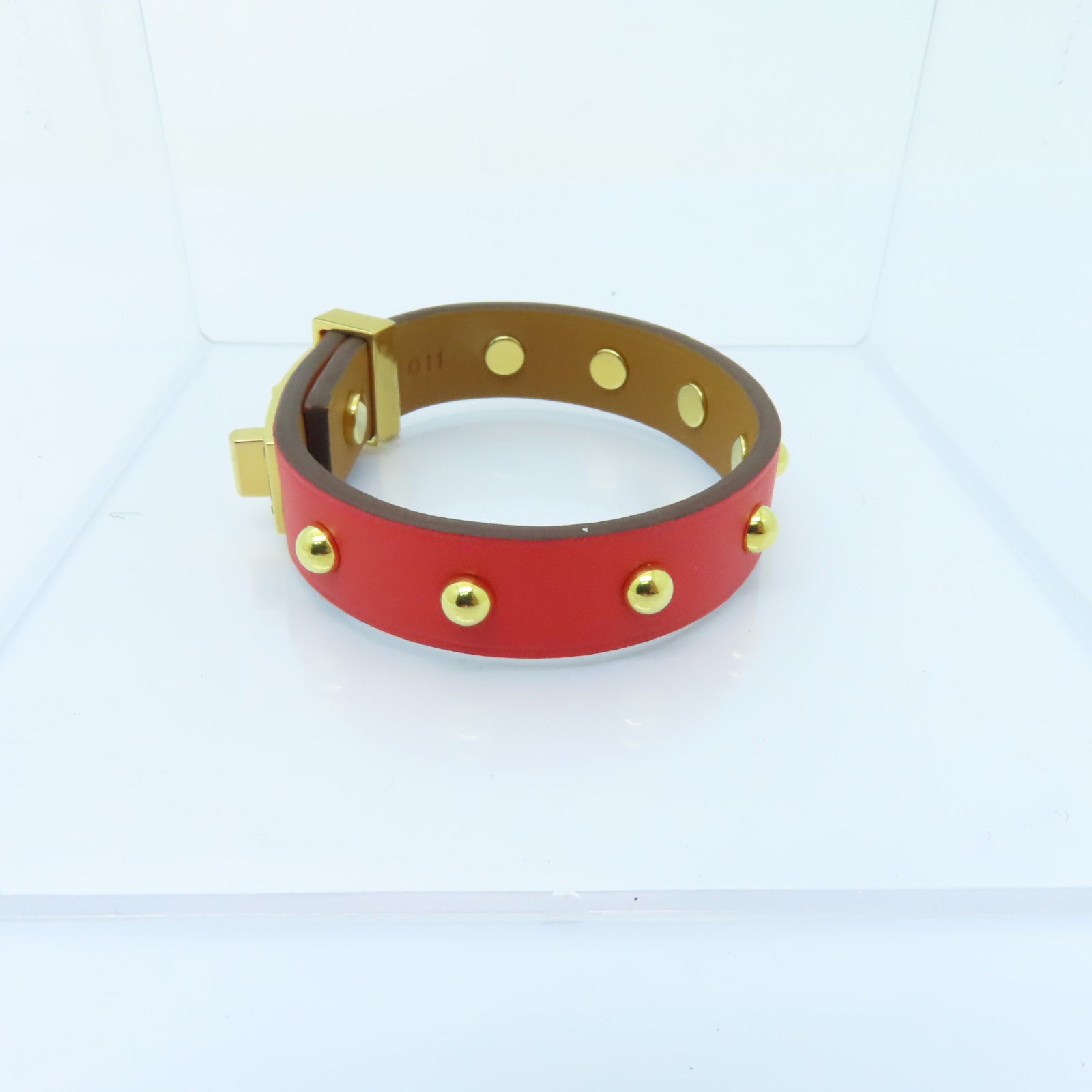 HERMES Swift皮革Mini Dog Clous Ronds金扣手鐲紅色