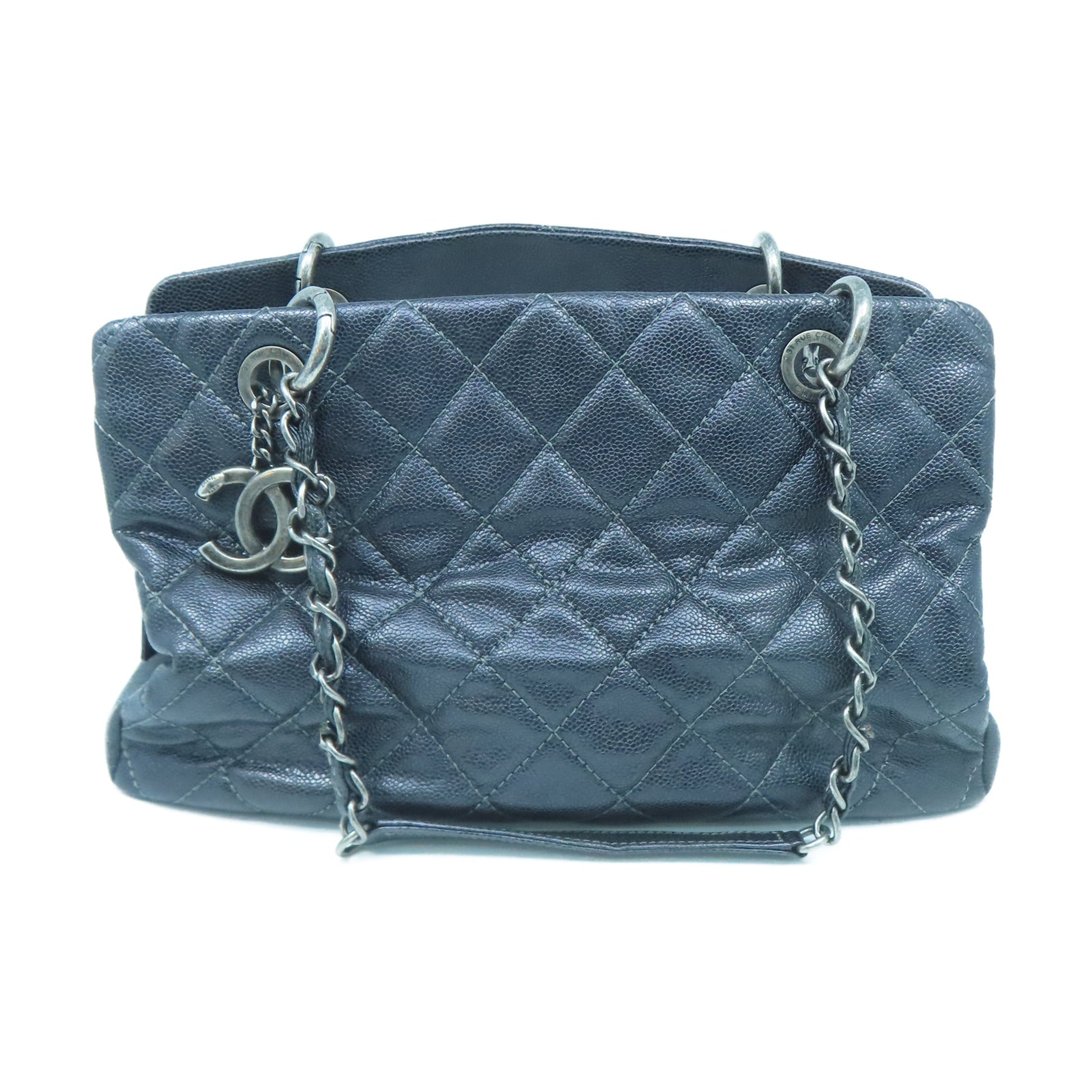 CHANEL 菱格Caviar皮革Chic Shopping Tote銀扣鏈帶肩背袋黑色