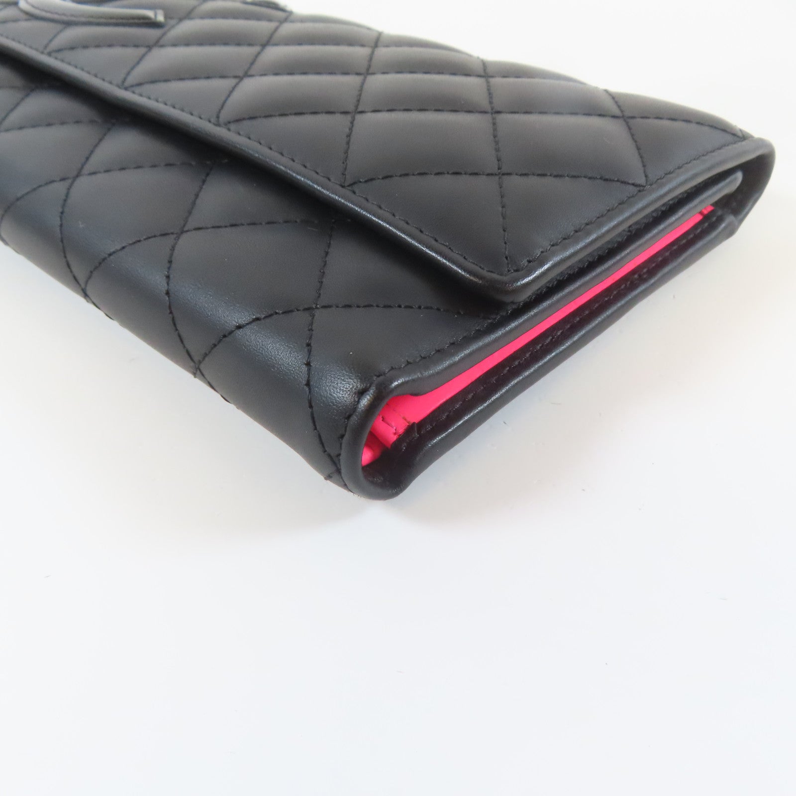 CHANEL 菱格羊皮皮革Cambon Long Wallet銀扣長錢包黑色