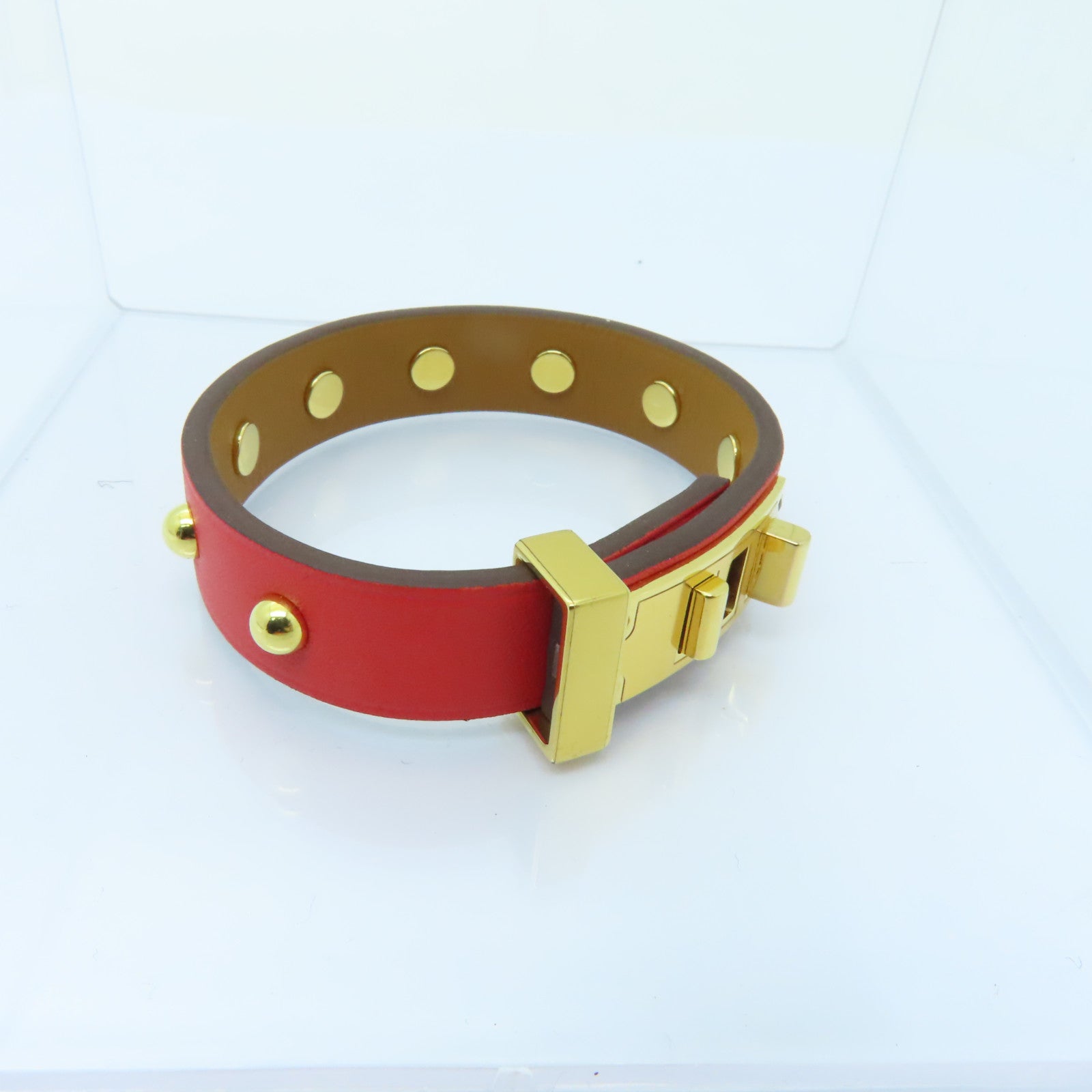 HERMES Swift皮革Mini Dog Clous Ronds金扣手鐲紅色