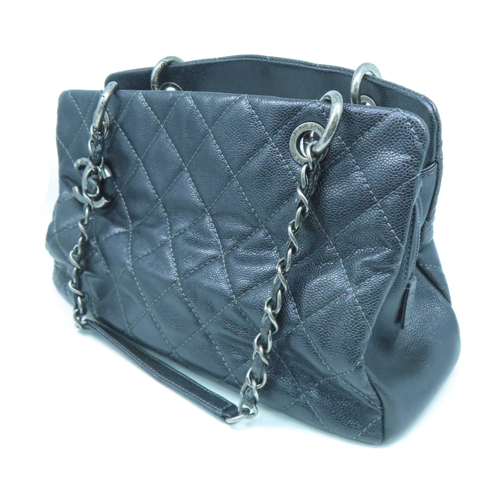 CHANEL 菱格Caviar皮革Chic Shopping Tote銀扣鏈帶肩背袋黑色