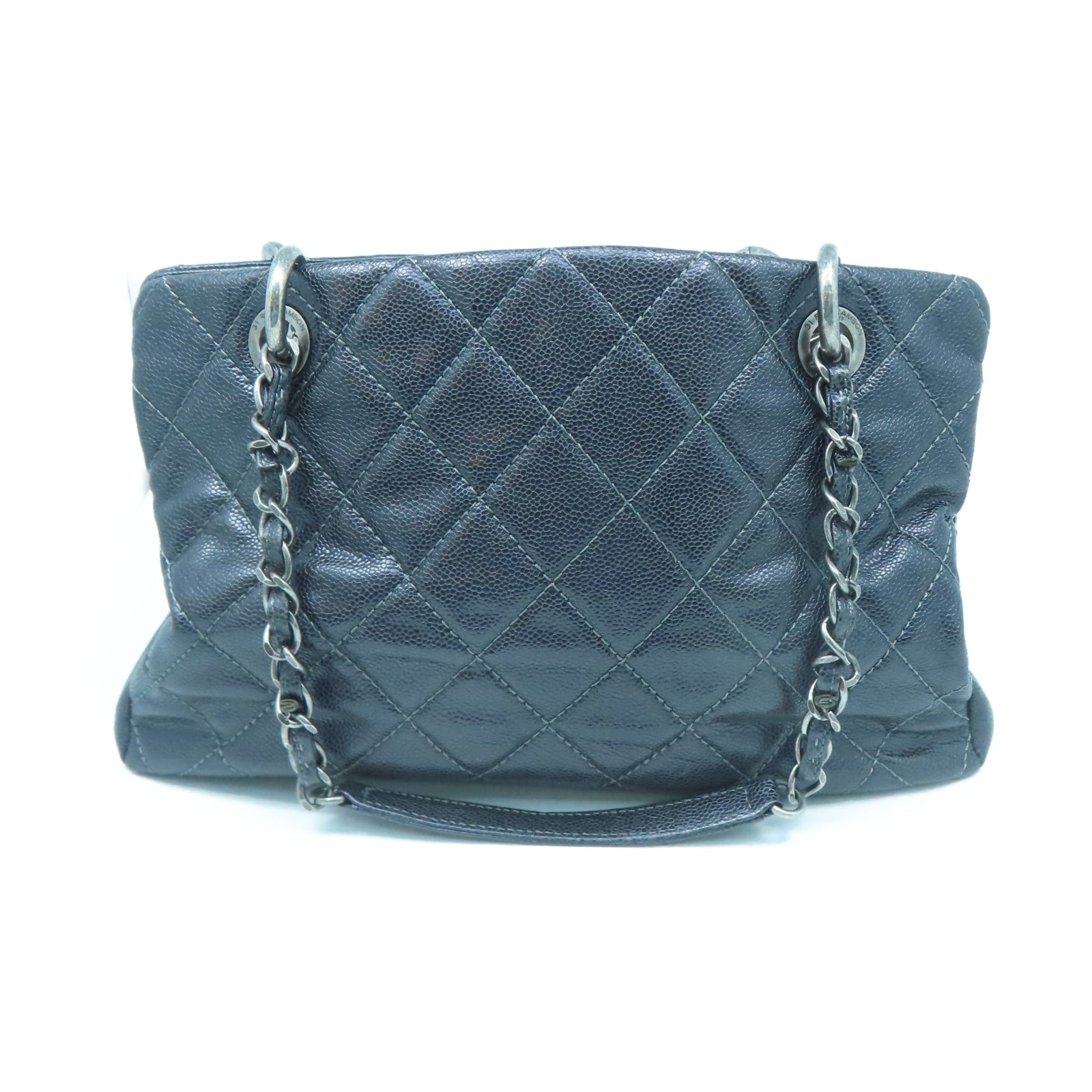 CHANEL 菱格Caviar皮革Chic Shopping Tote銀扣鏈帶肩背袋黑色