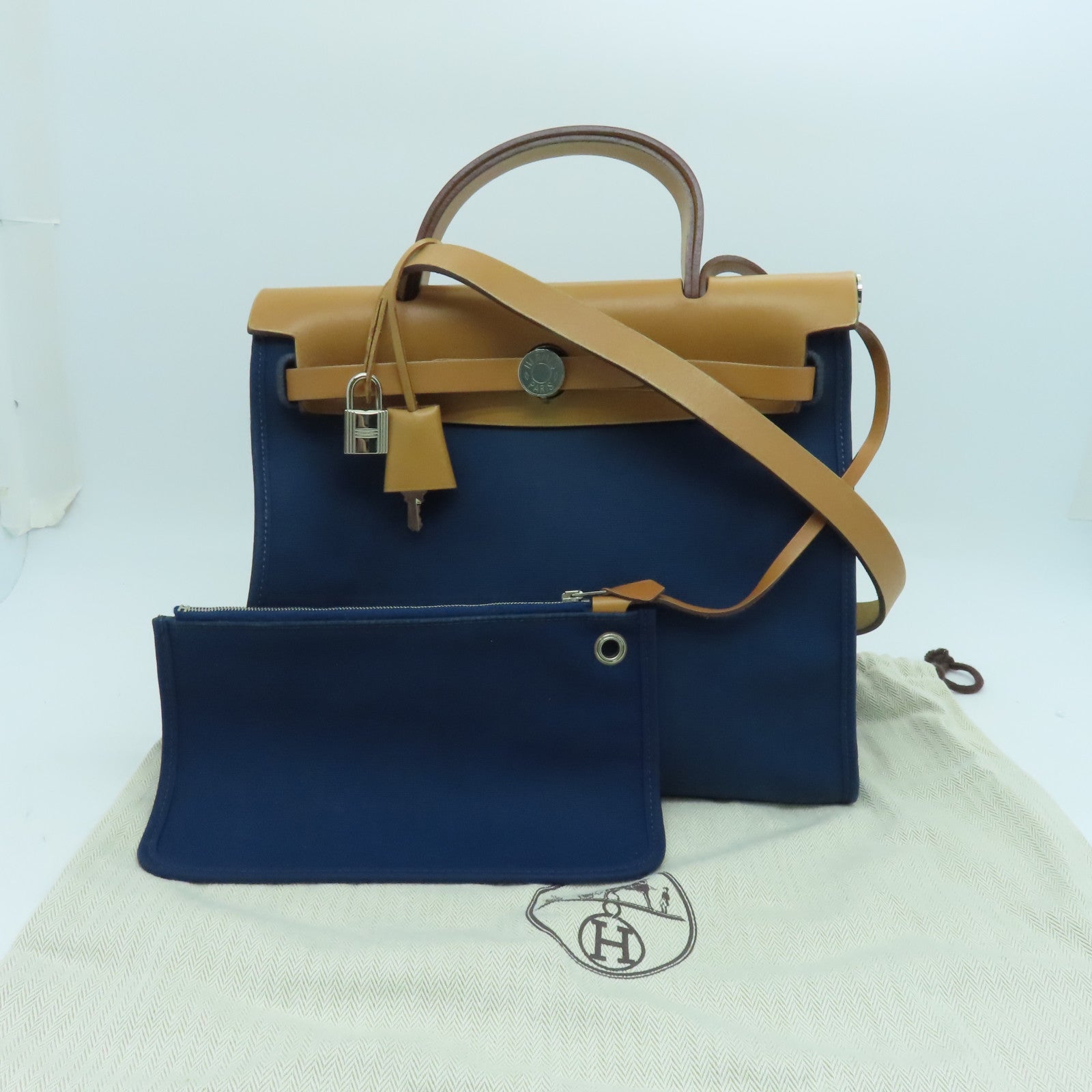 HERMES 帆布HerBag PM銀扣手挽肩背兩用袋Blue De Malte/藍色