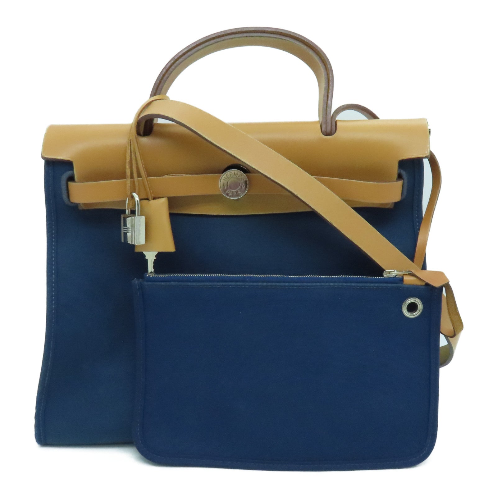 HERMES 帆布HerBag PM銀扣手挽肩背兩用袋Blue De Malte/藍色