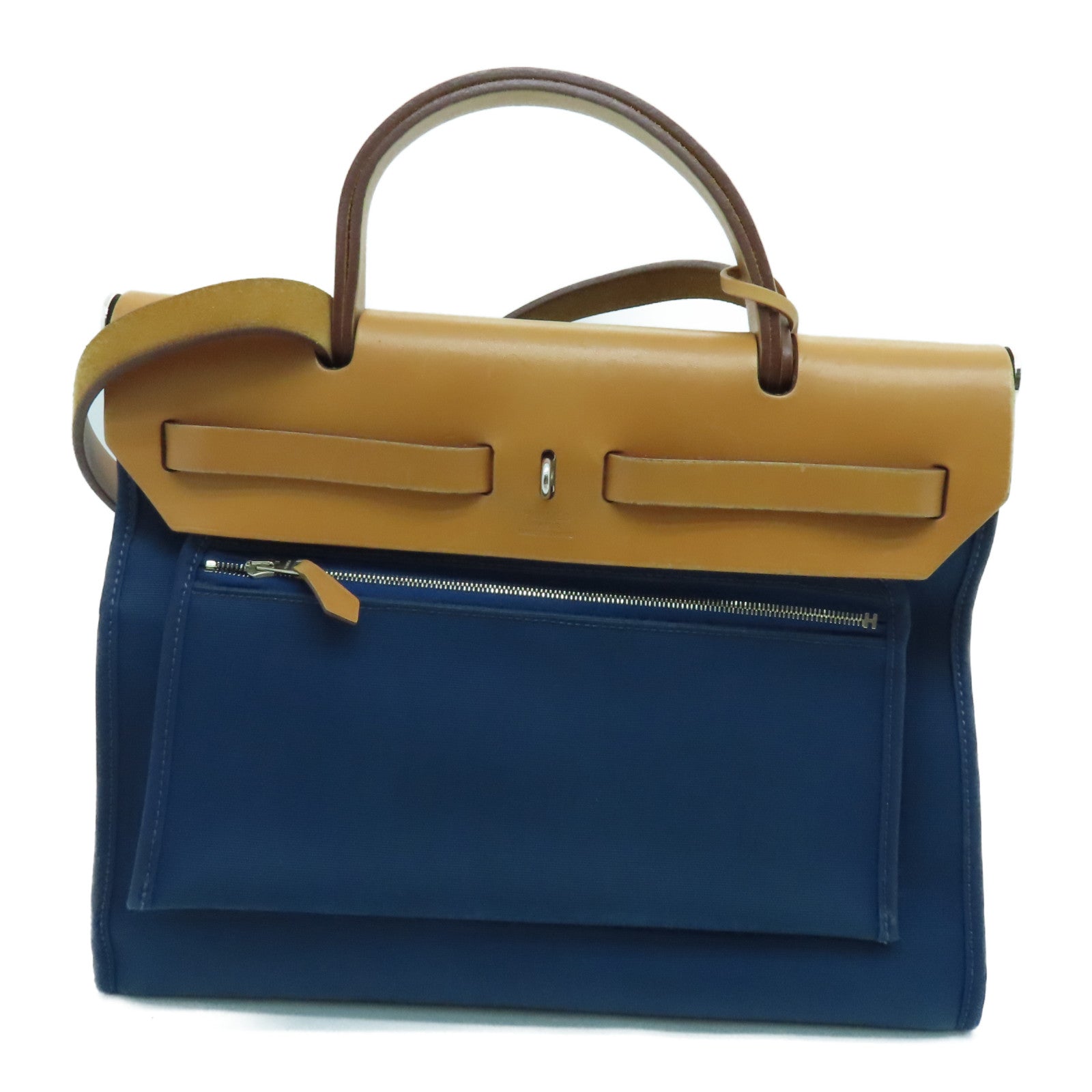 HERMES 帆布HerBag PM銀扣手挽肩背兩用袋Blue De Malte/藍色