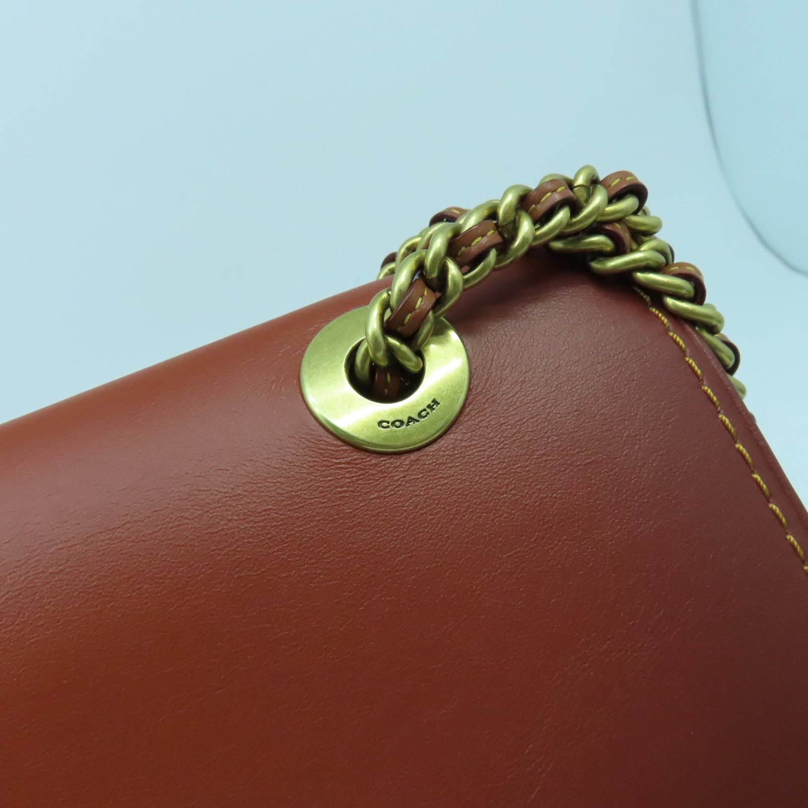 COACH 牛皮皮革/塗層帆布Chain Shoulder金扣鏈帶肩背袋啡色