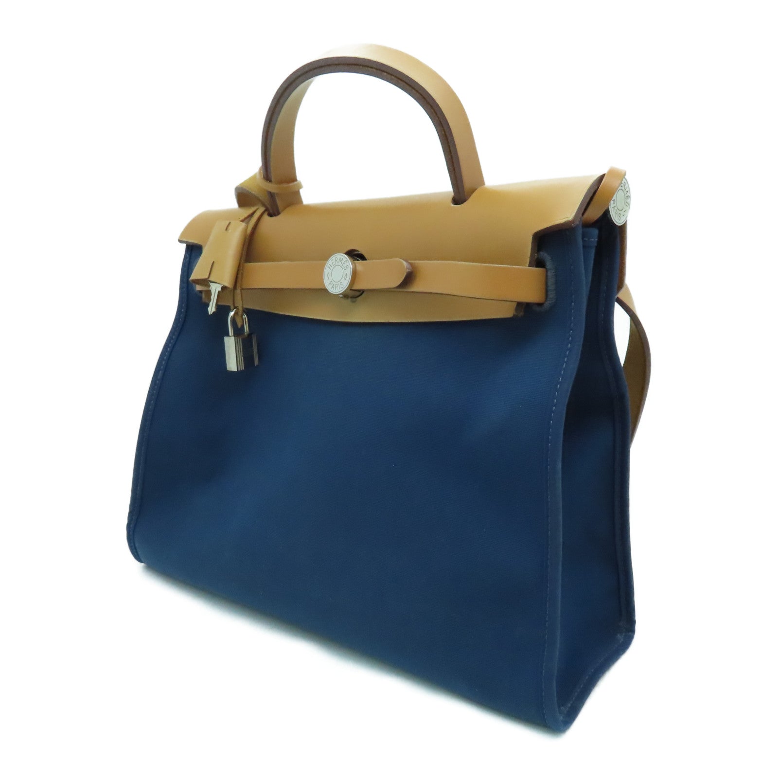 HERMES 帆布HerBag PM銀扣手挽肩背兩用袋Blue De Malte/藍色