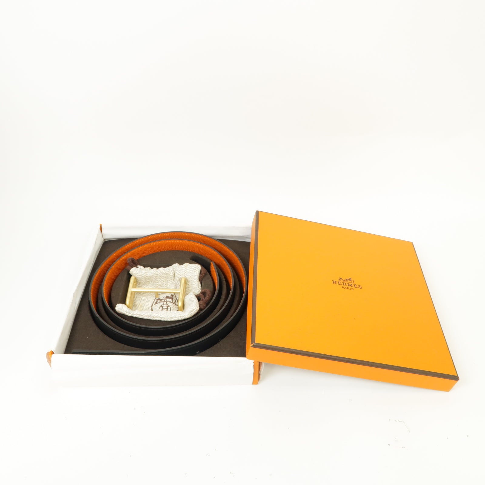 HERMES Box Calf皮革Belt金扣皮帶黒色/橙色