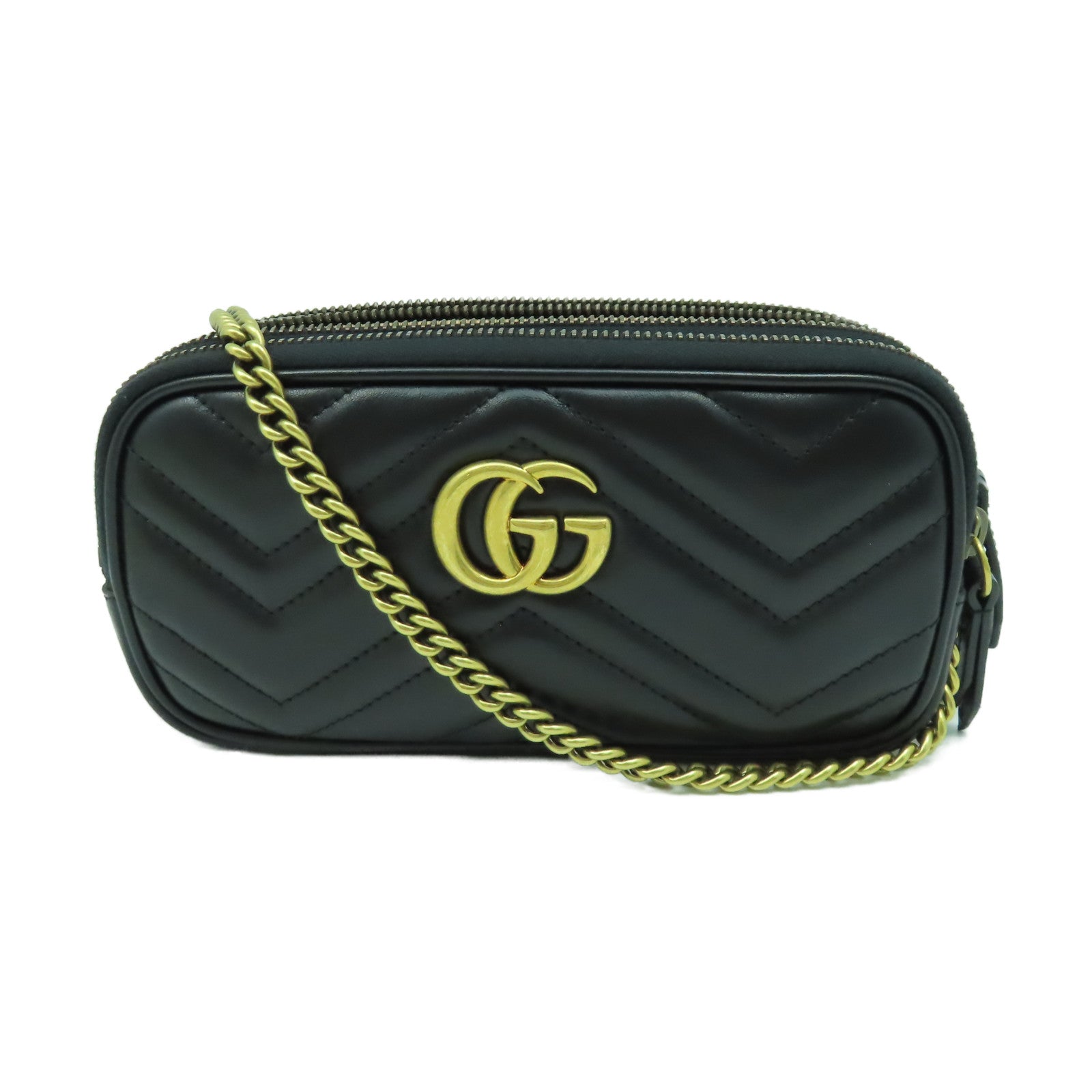GUCCI 牛皮皮革GG Marmont金扣鏈帶肩背袋黑色