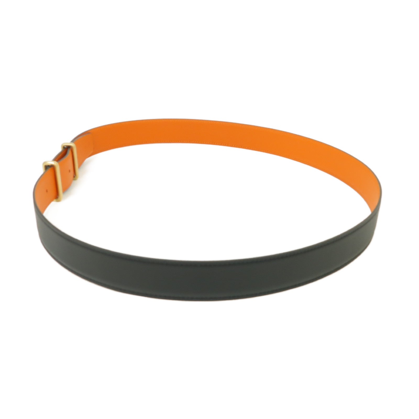 HERMES Box Calf皮革Belt金扣皮帶黒色/橙色
