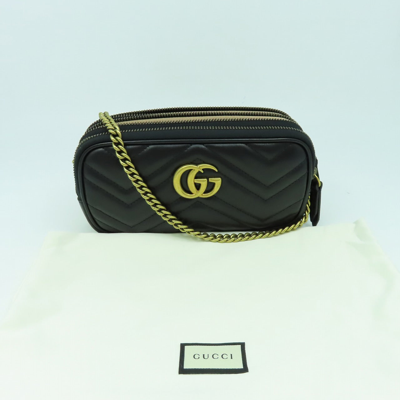 GUCCI 牛皮皮革GG Marmont金扣鏈帶肩背袋黑色