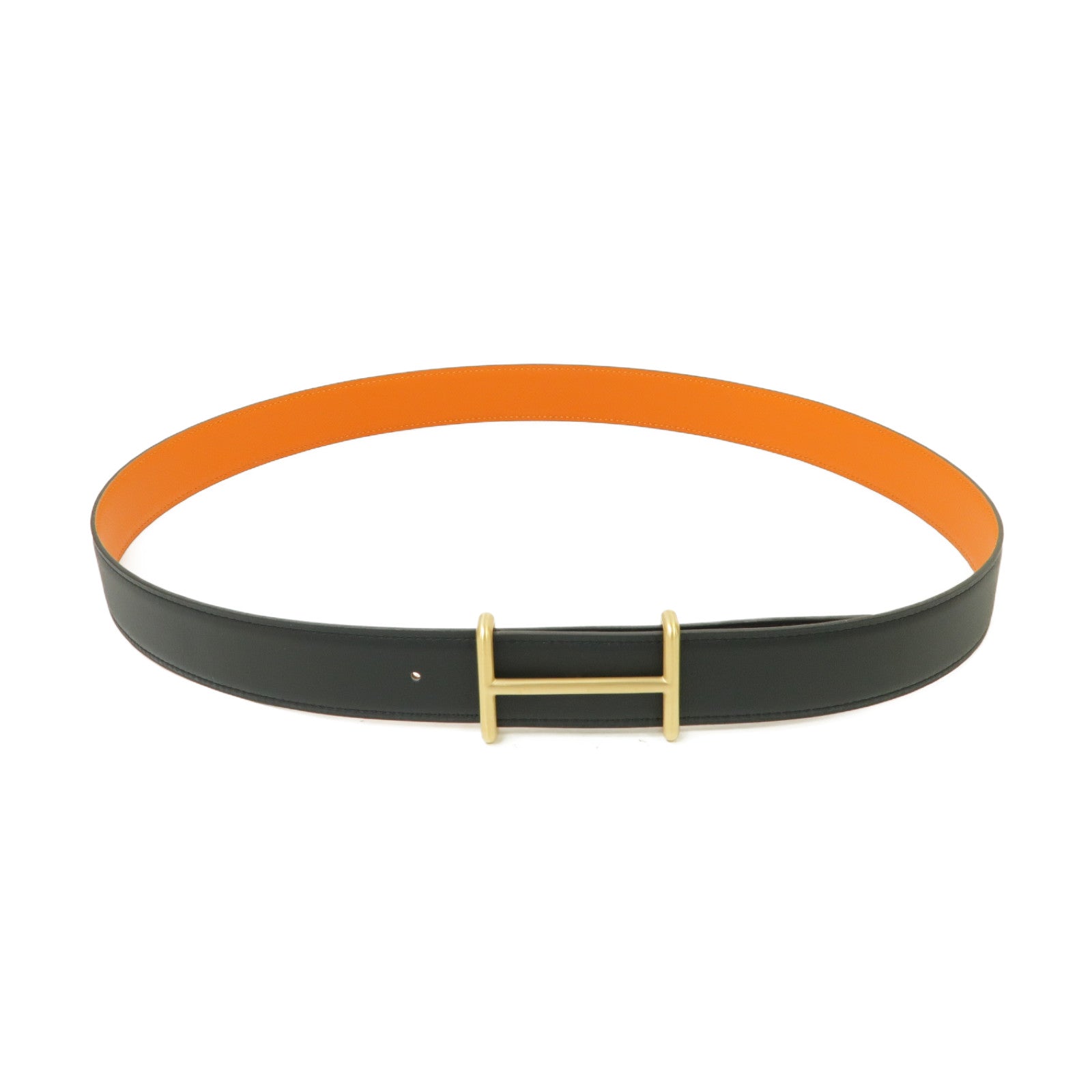 HERMES Box Calf皮革Belt金扣皮帶黒色/橙色