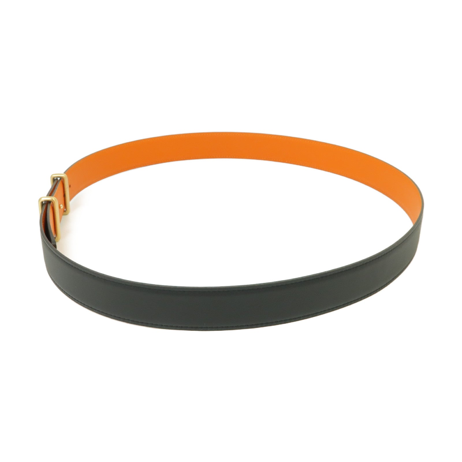 HERMES Box Calf皮革Belt金扣皮帶黒色/橙色