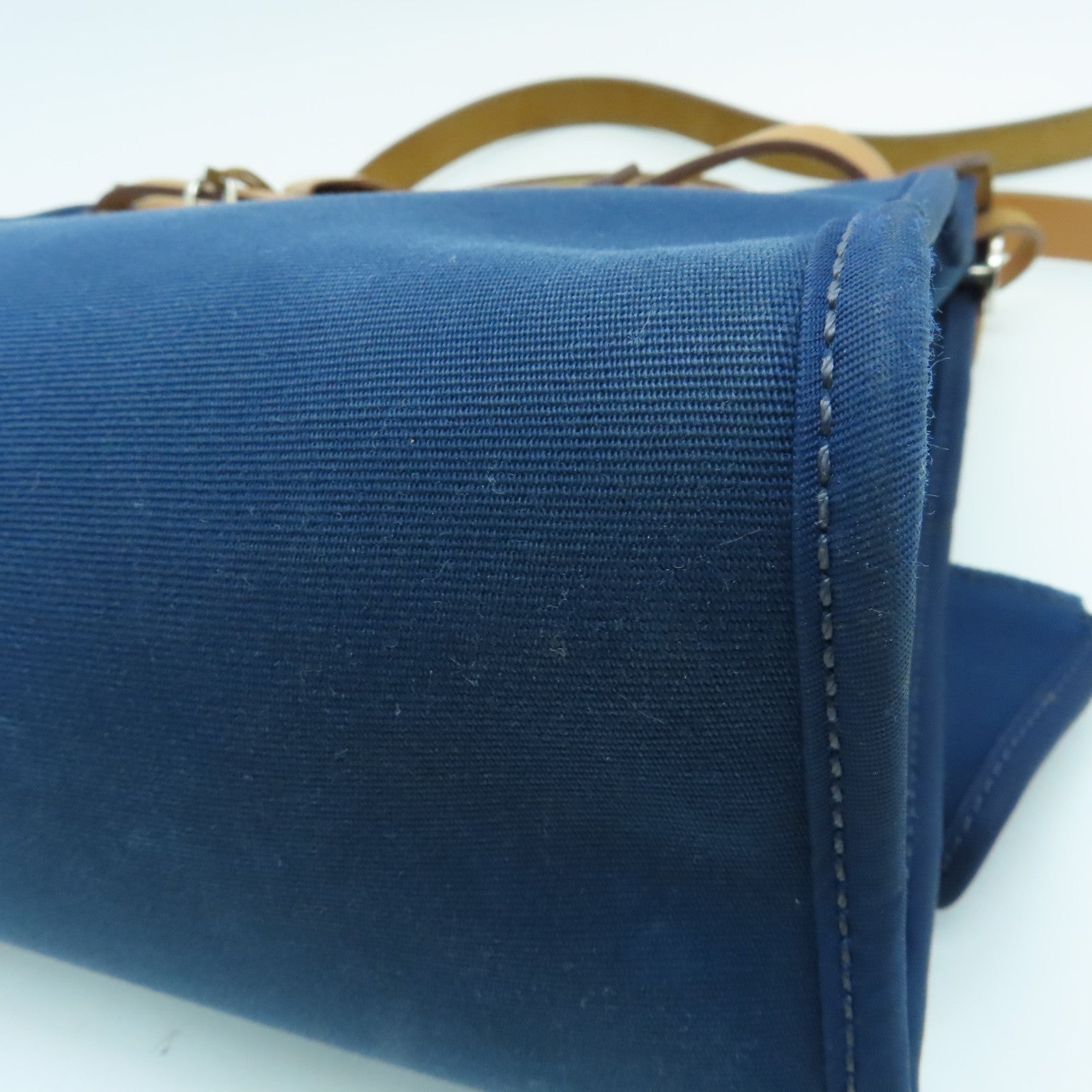 HERMES 帆布HerBag PM銀扣手挽肩背兩用袋Blue De Malte/藍色