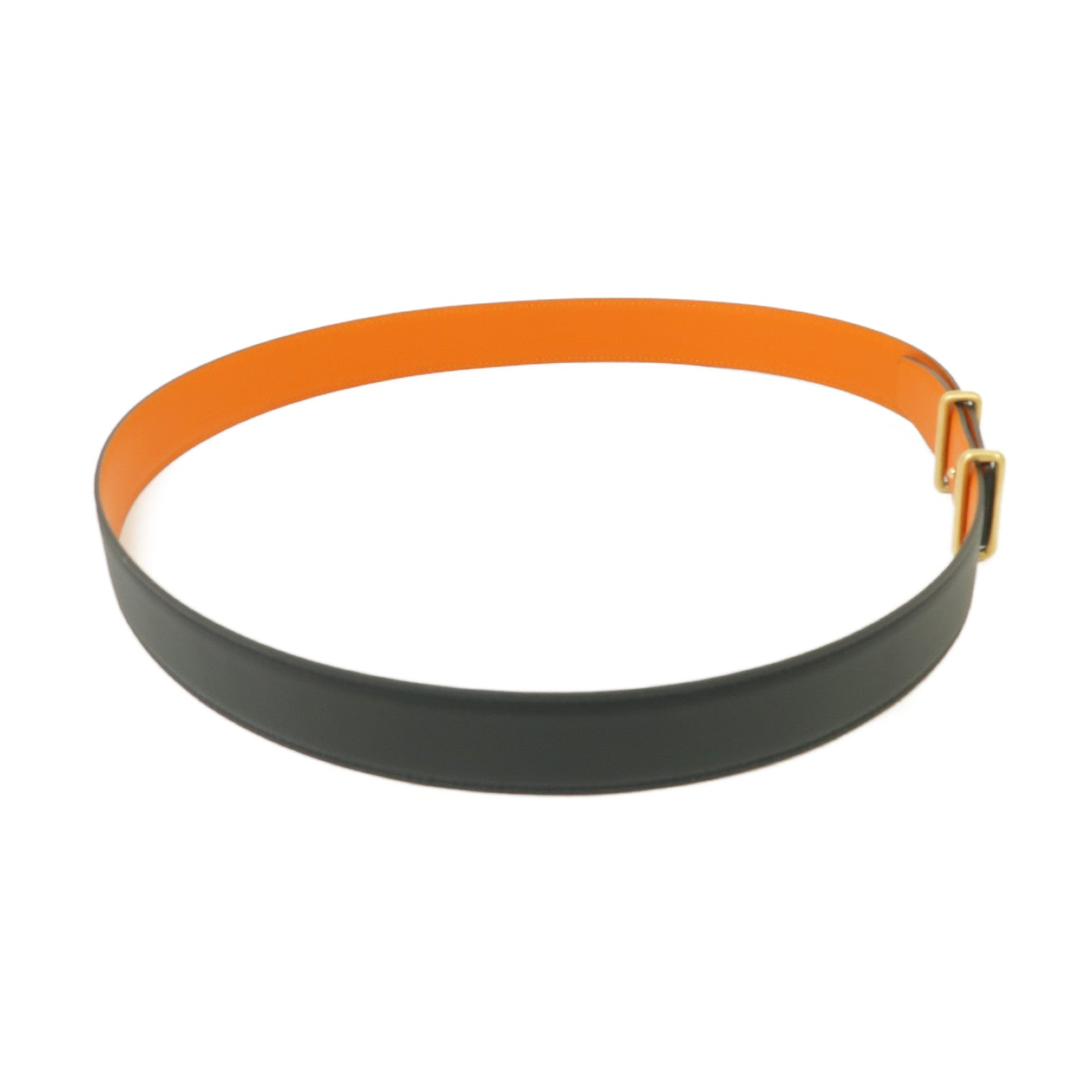 HERMES Box Calf皮革Belt金扣皮帶黒色/橙色