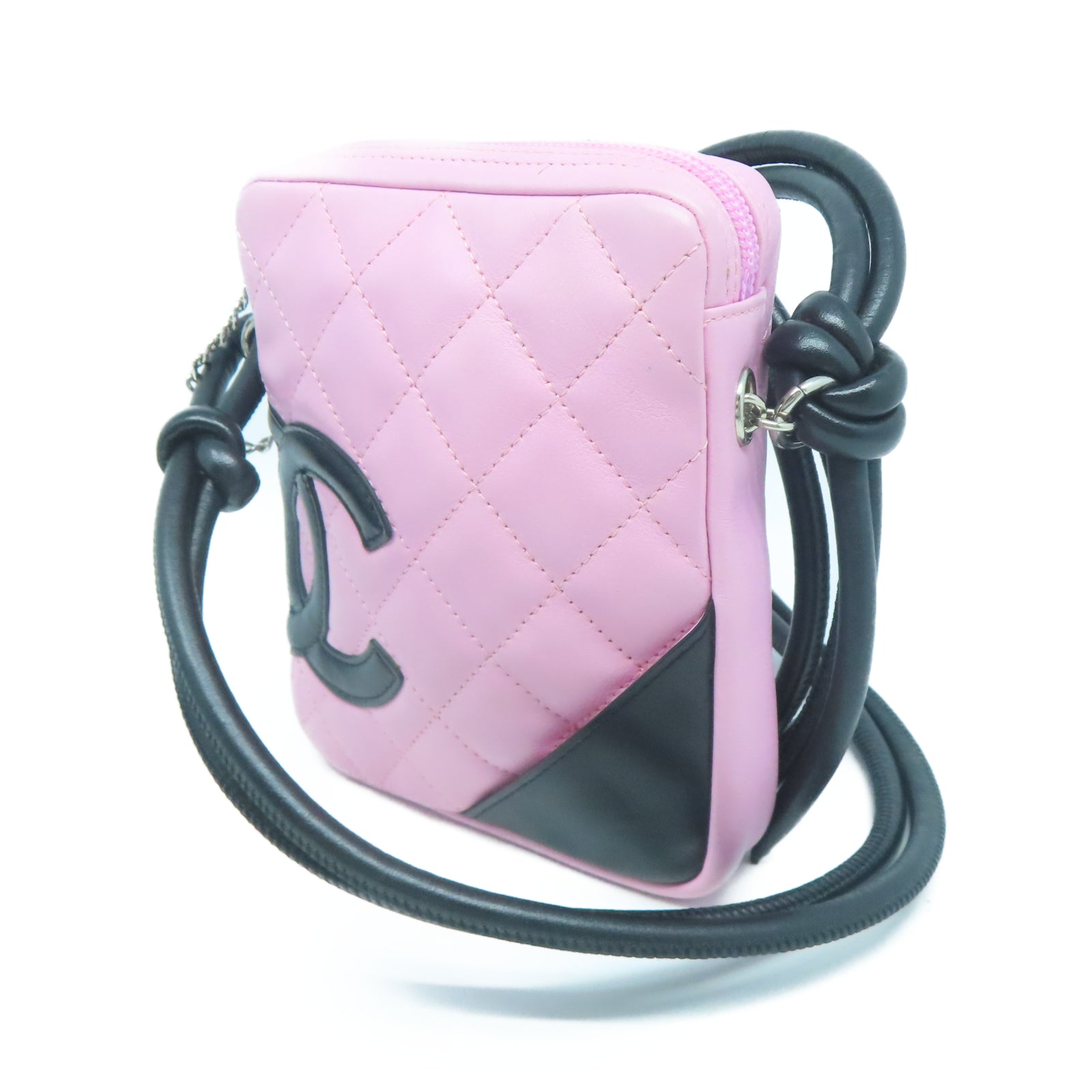CHANEL 菱格牛皮皮革Cambon Line銀扣肩背袋粉紅色