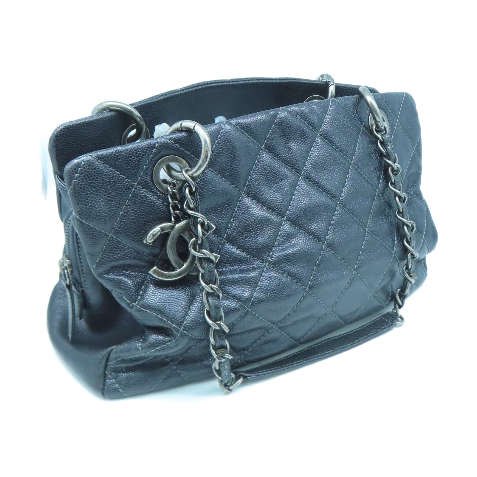 CHANEL 菱格Caviar皮革Chic Shopping Tote銀扣鏈帶肩背袋黑色