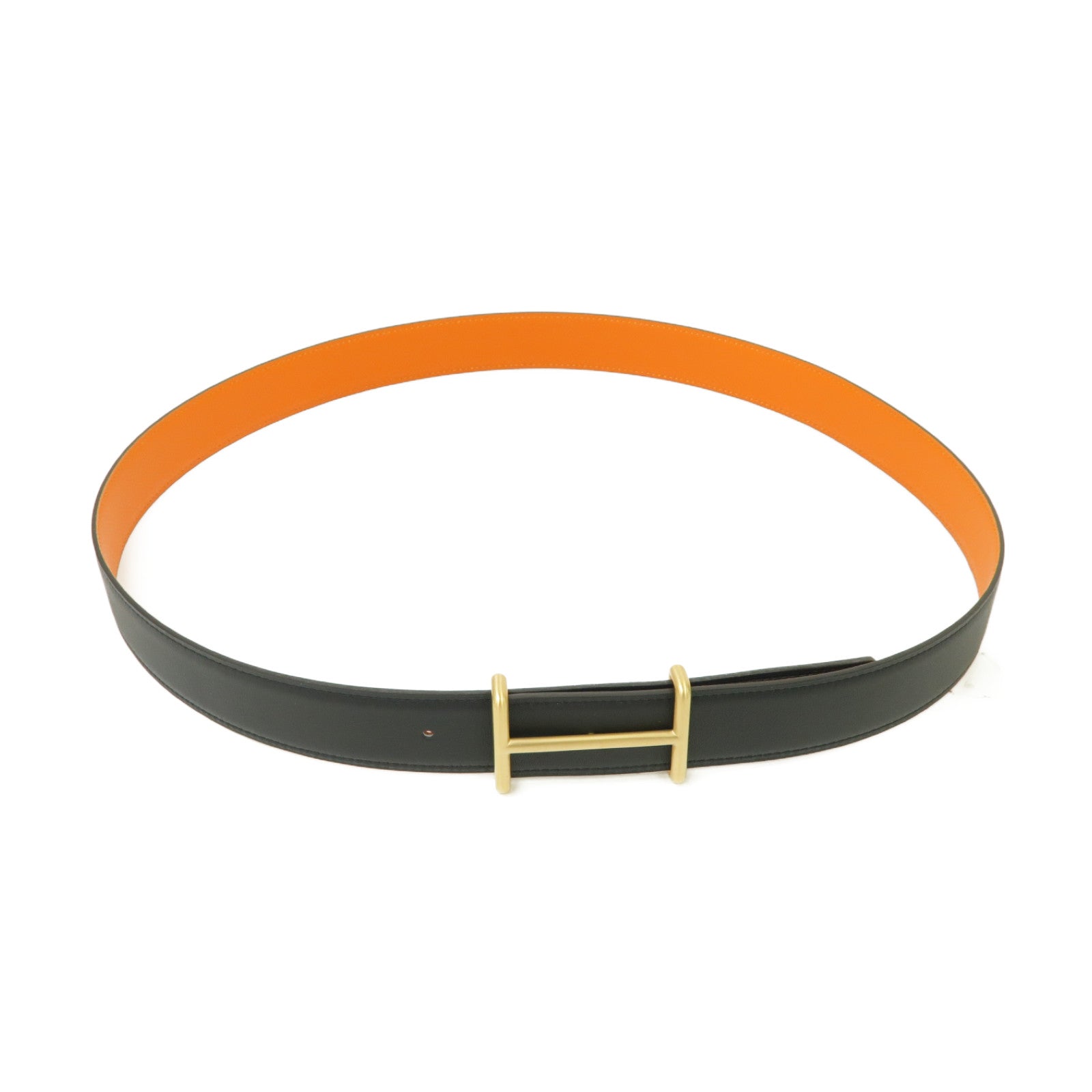 HERMES Box Calf皮革Belt金扣皮帶黒色/橙色