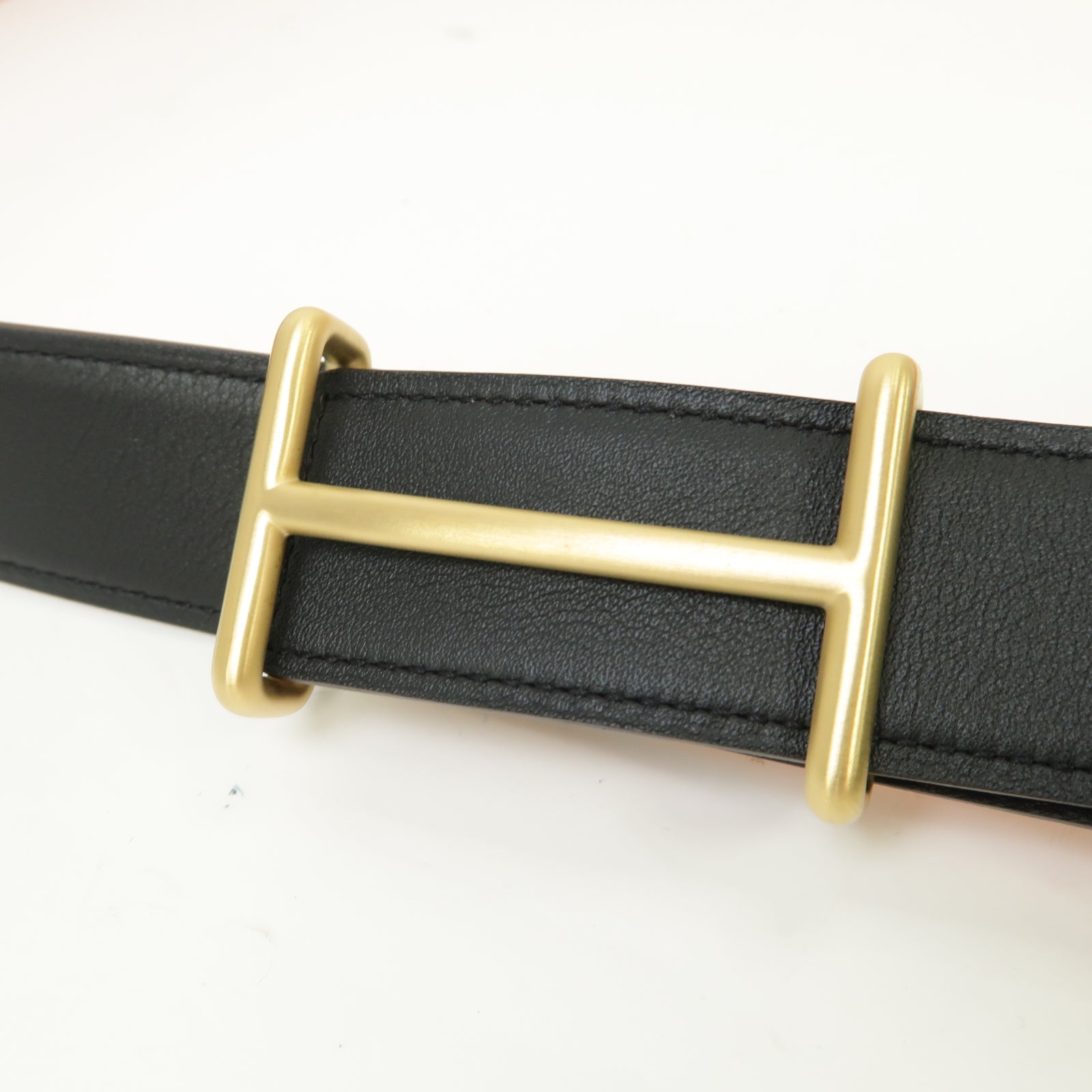 HERMES Box Calf皮革Belt金扣皮帶黒色/橙色