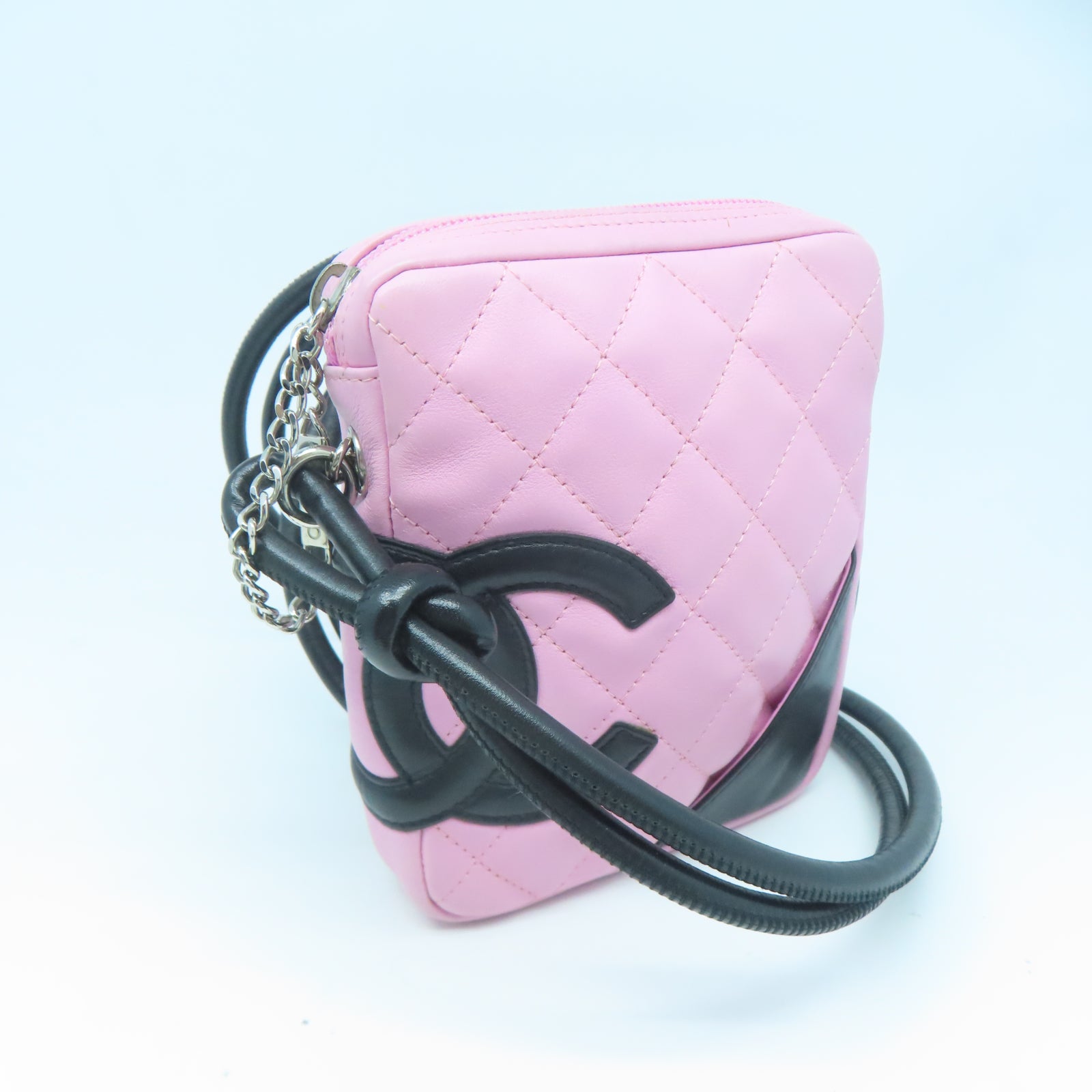 CHANEL 菱格牛皮皮革Cambon Line銀扣肩背袋粉紅色