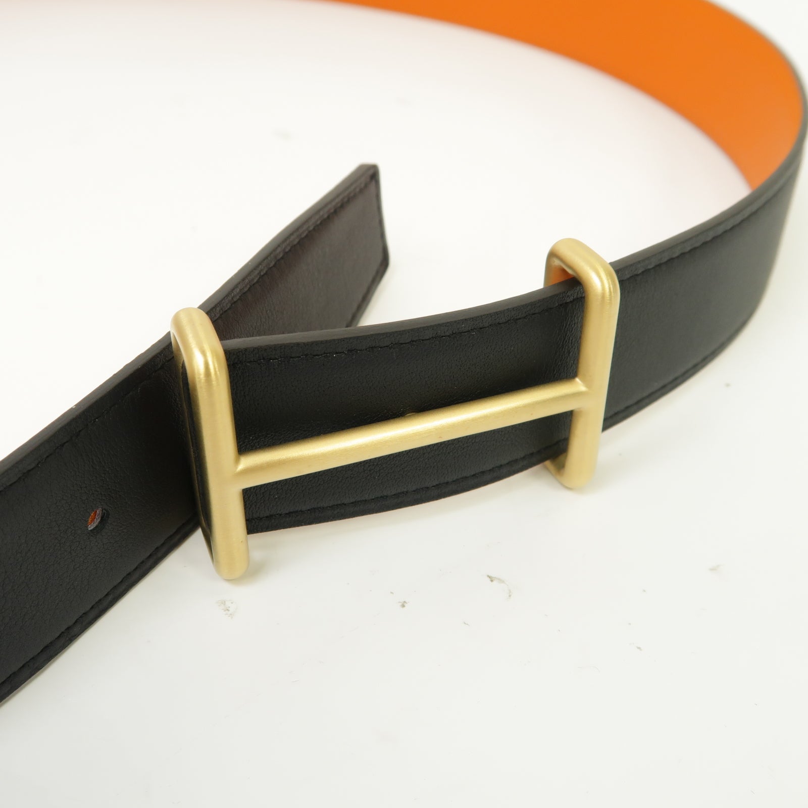 HERMES Box Calf皮革Belt金扣皮帶黒色/橙色