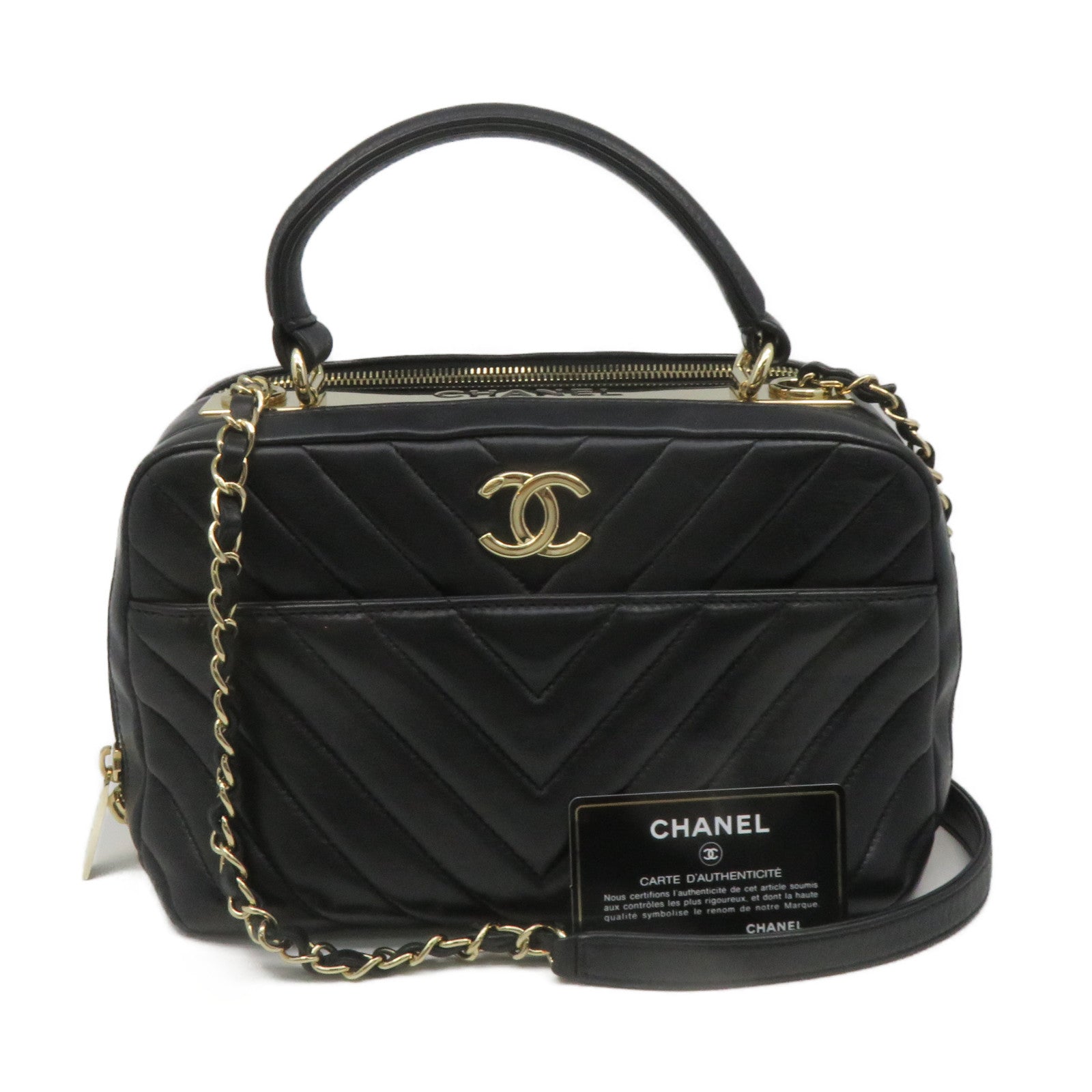 CHANEL 斜紋羊皮皮革2Way Shoulder Bag金扣鏈帶手挽肩背兩用袋黑色