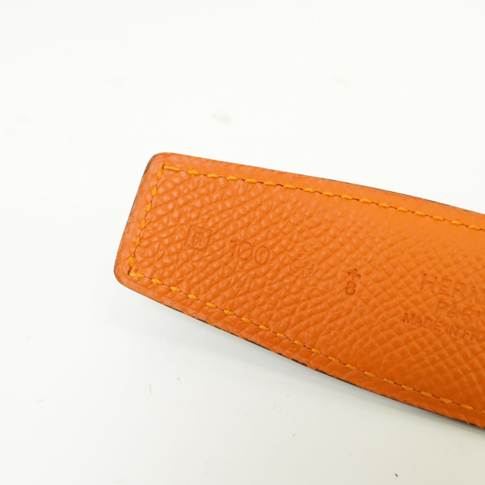 HERMES Box Calf皮革Belt金扣皮帶黒色/橙色