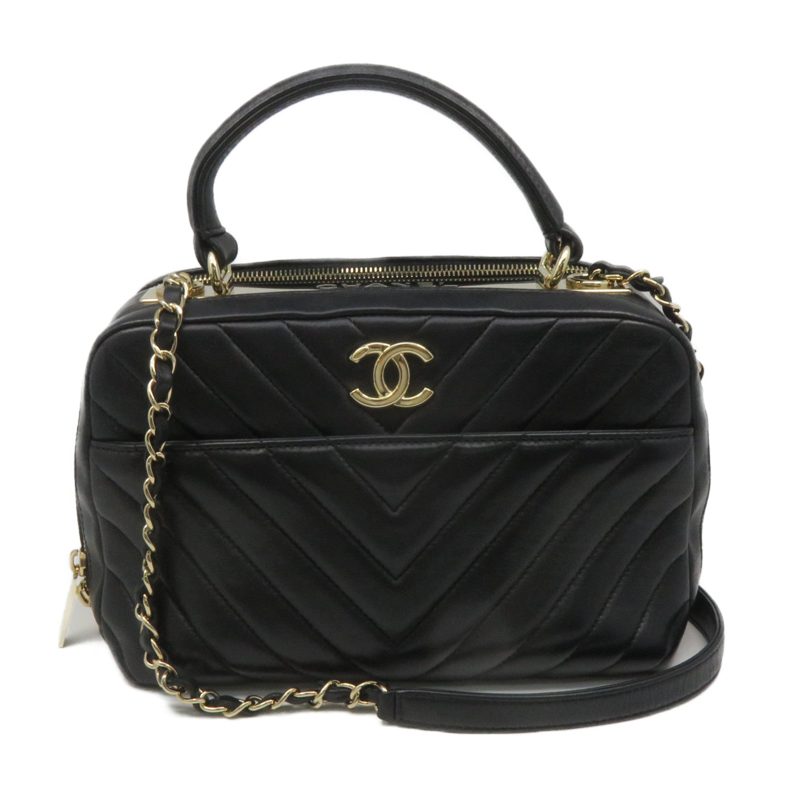 CHANEL 斜紋羊皮皮革2Way Shoulder Bag金扣鏈帶手挽肩背兩用袋黑色