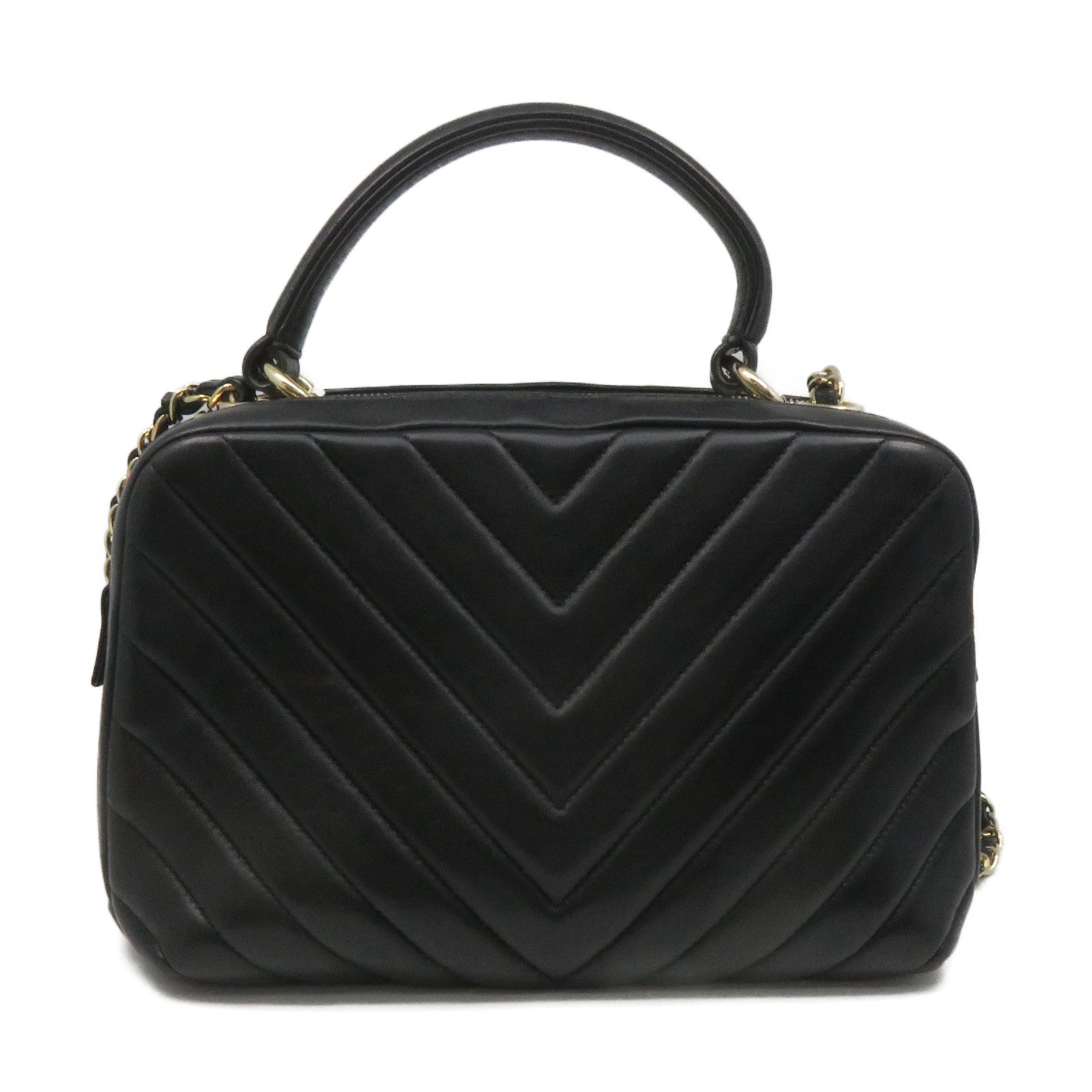 CHANEL 斜紋羊皮皮革2Way Shoulder Bag金扣鏈帶手挽肩背兩用袋黑色