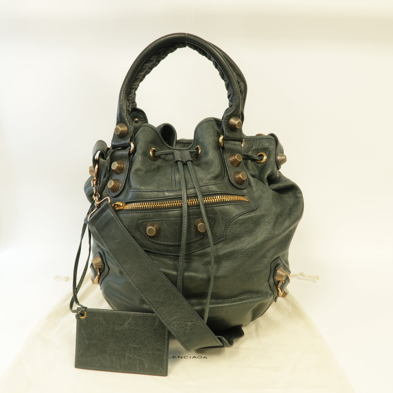 BALENCIAGA 皮革Giant Pom Pom金扣手挽肩背兩用袋深綠色