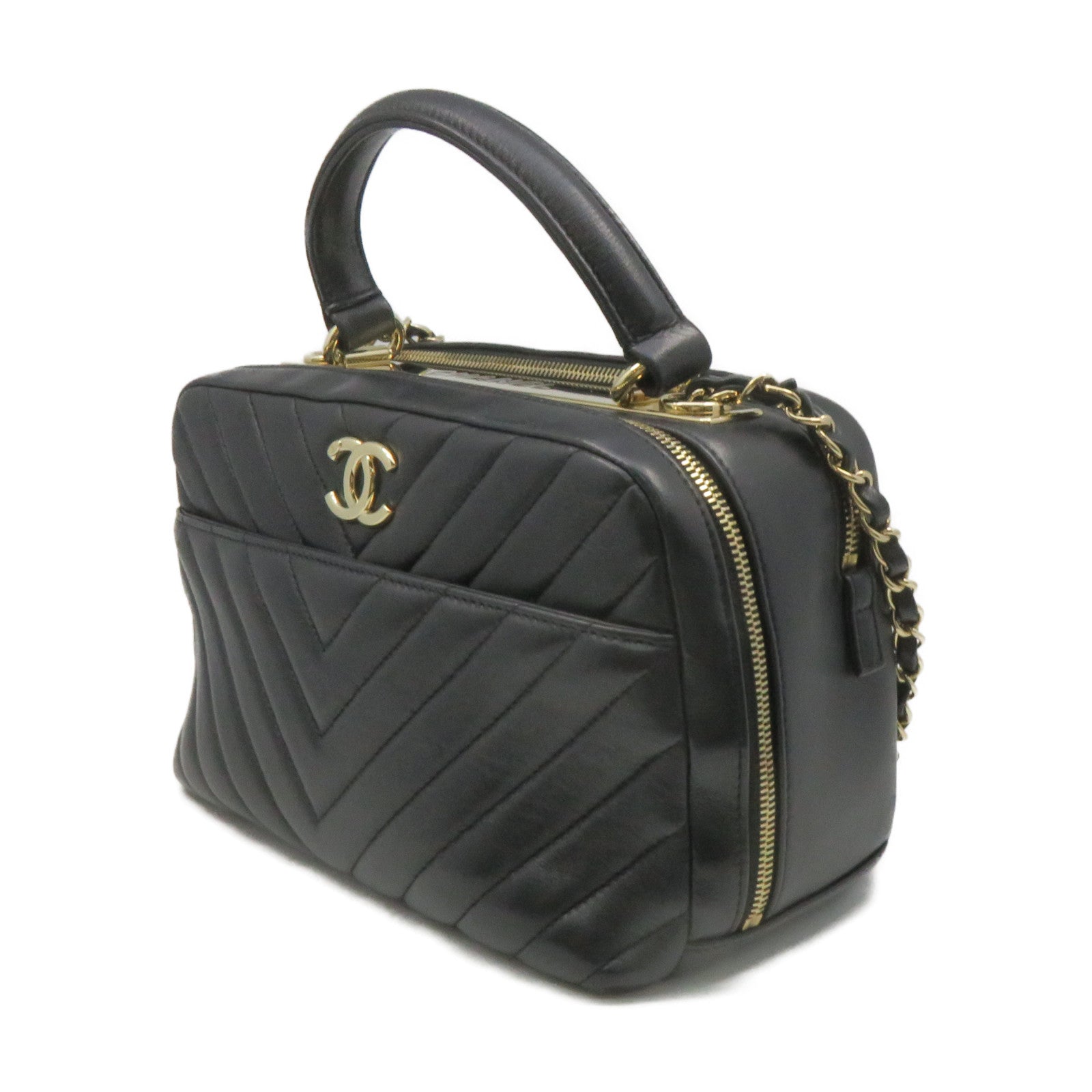 CHANEL 斜紋羊皮皮革2Way Shoulder Bag金扣鏈帶手挽肩背兩用袋黑色
