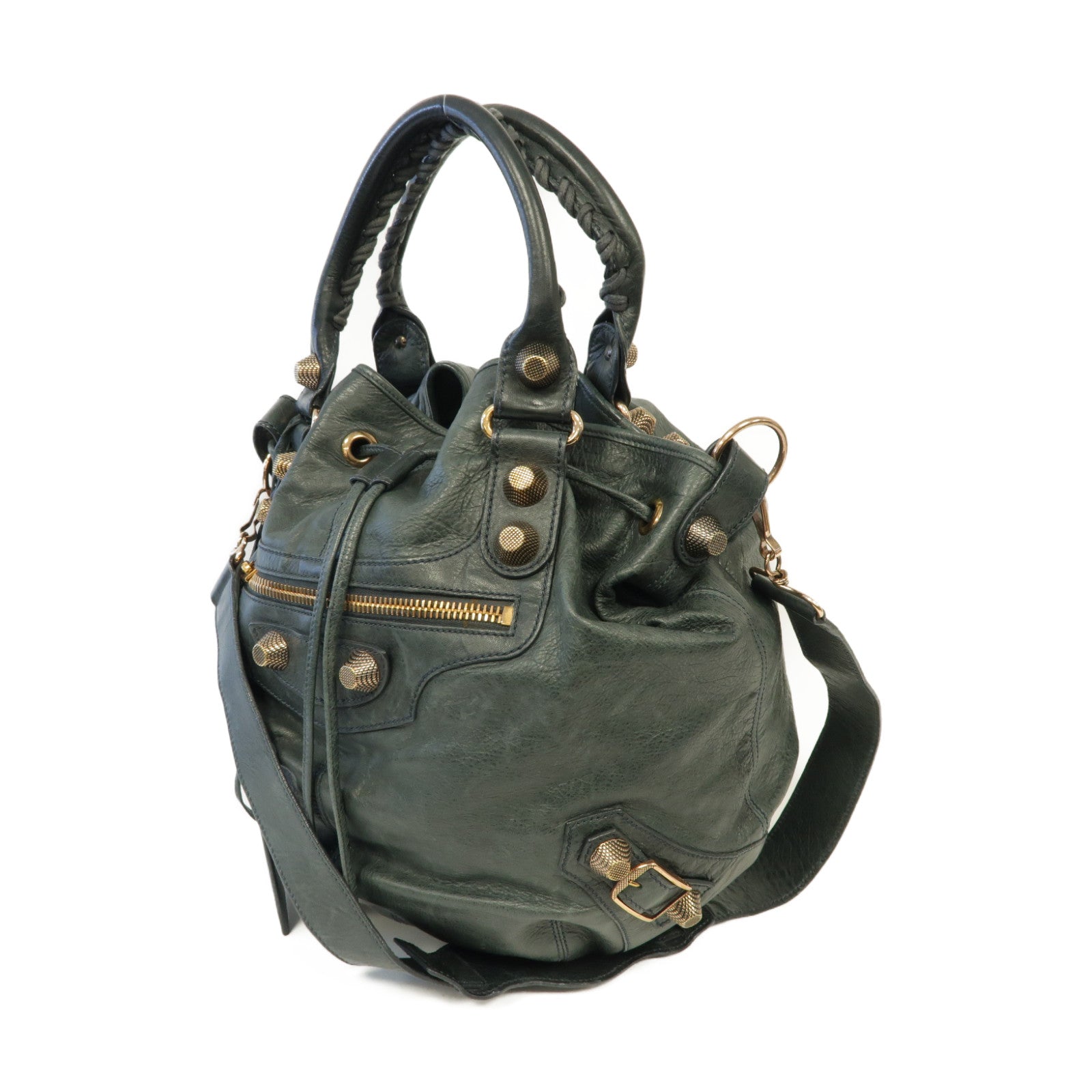 BALENCIAGA 皮革Giant Pom Pom金扣手挽肩背兩用袋深綠色