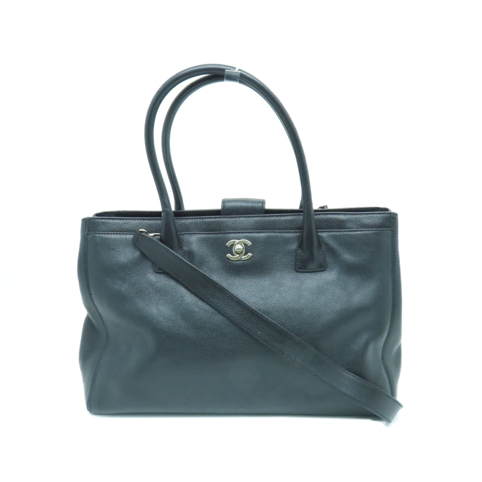 CHANEL cowhide leather Shoulder Bag silver buckle handle shoulder bag black