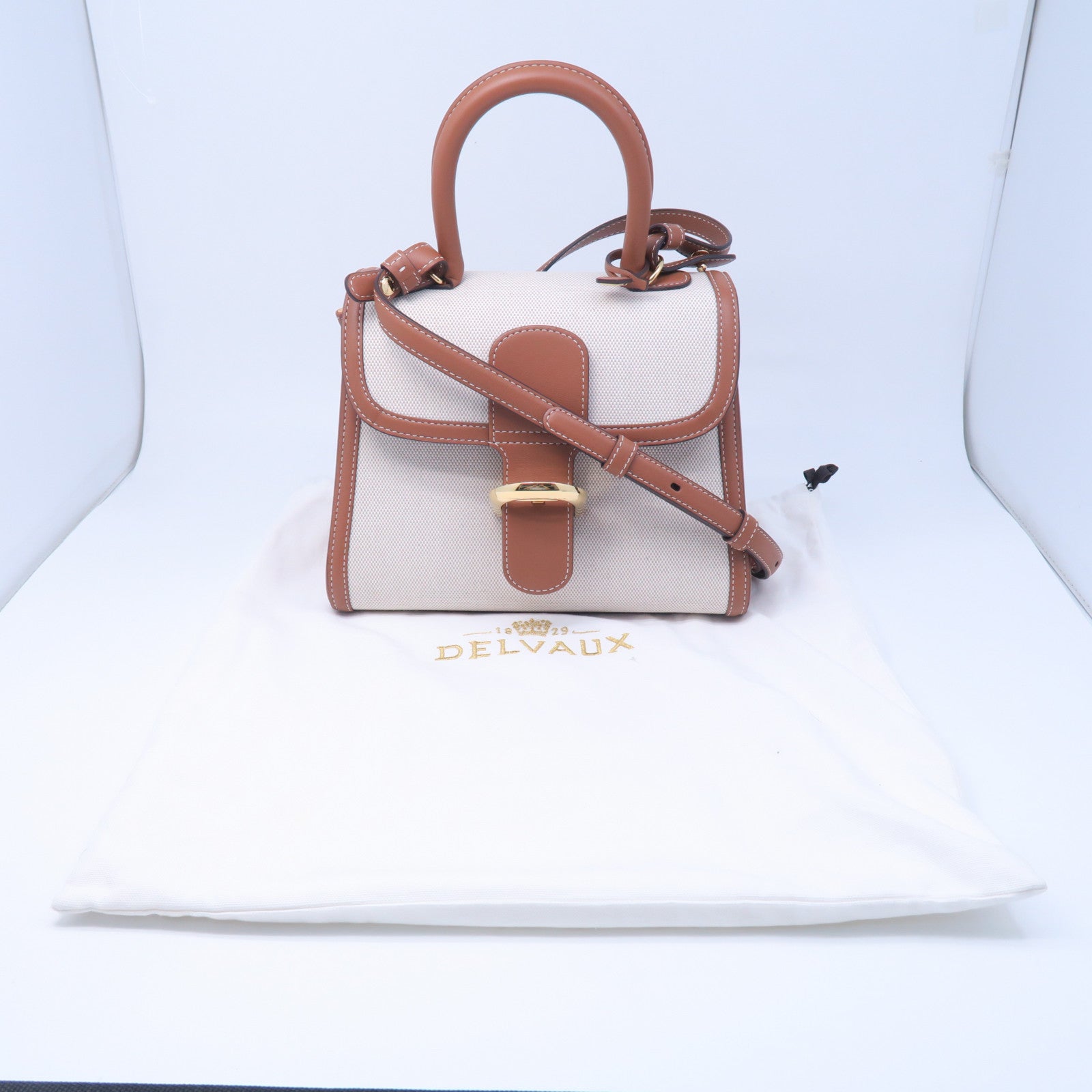 SELECTION 帆布/牛皮皮革Delvaux Brillant PM金扣手挽肩背兩用袋棕色/白色