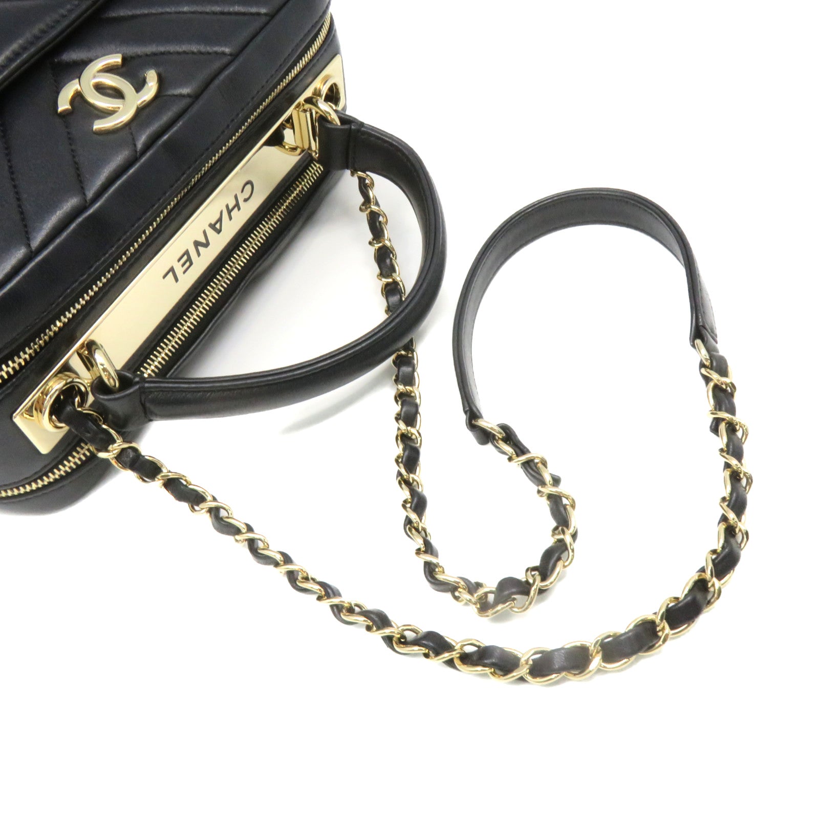 CHANEL 斜紋羊皮皮革2Way Shoulder Bag金扣鏈帶手挽肩背兩用袋黑色