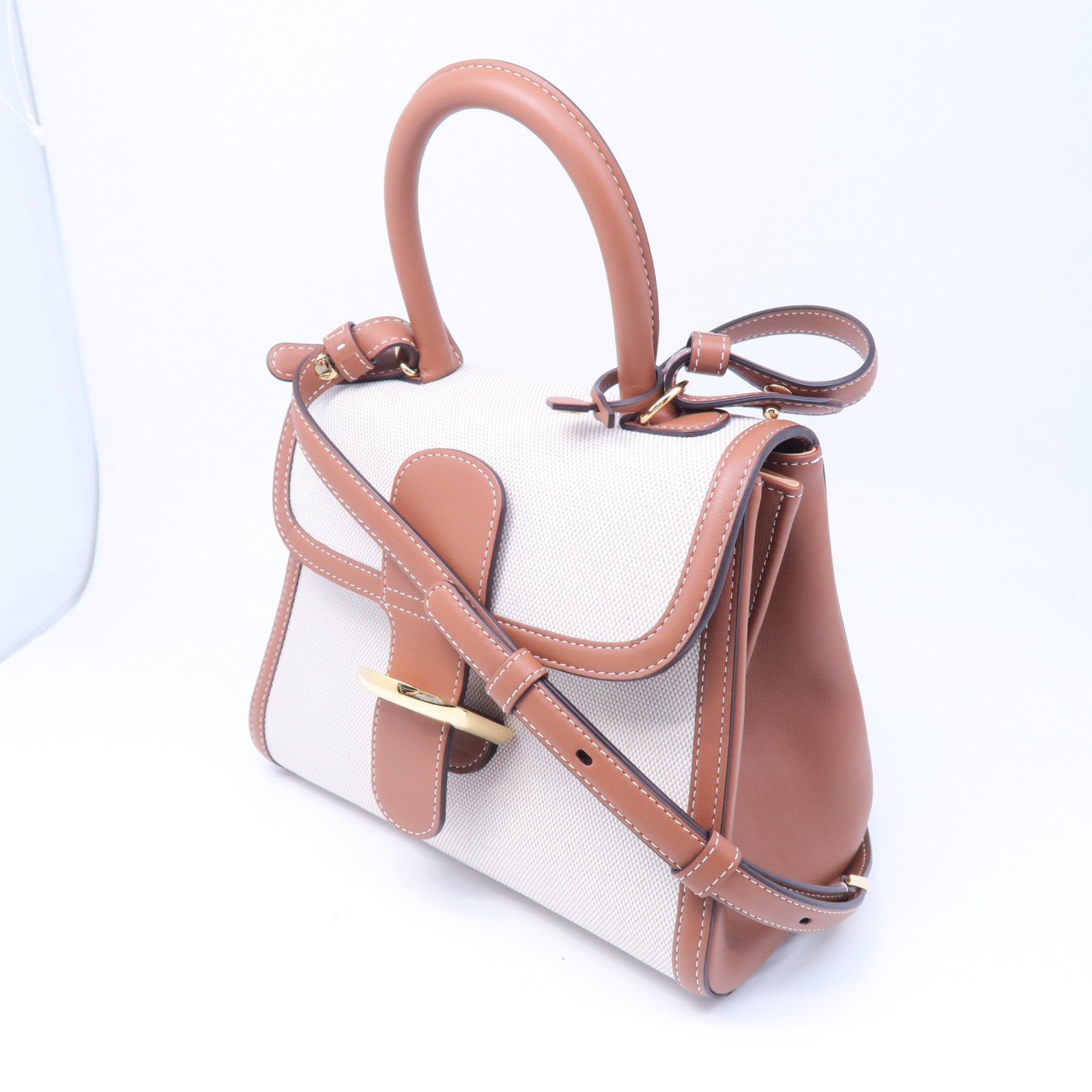 SELECTION 帆布/牛皮皮革Delvaux Brillant PM金扣手挽肩背兩用袋棕色/白色
