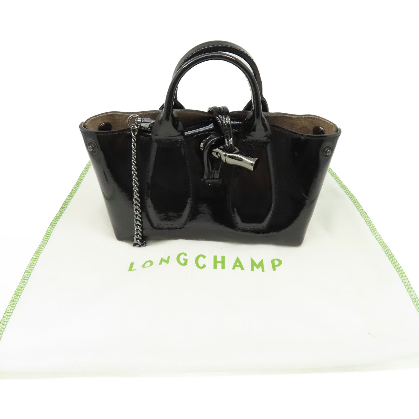 Longchamp 漆皮皮革2Way Shoulder Bag鏈帶手挽肩背兩用袋黑色
